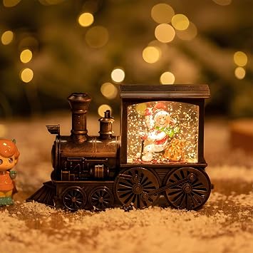 Christmas Snow Globe Lantern Train, with Water Swirling Glitter, Musical and Lighted, Battery Operated Music Box for Christmas Decoration Gift, Snowman/Santa Scene Gold, Snowman