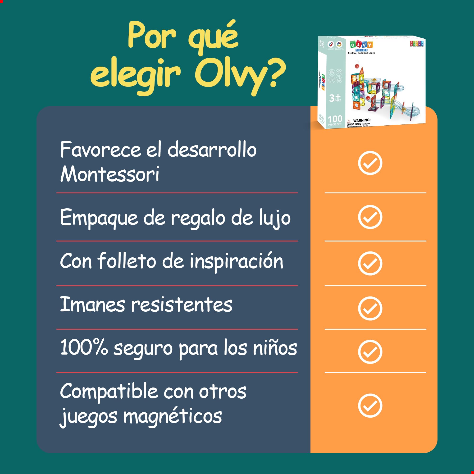 Olvy Bloques de construcción magnéticos Montessori Juguetes – 100 azulejos magnéticos para niños – Juguete de construcción magnético a partir de 3 años – Smart Playground – Juego de bloques magnéticos