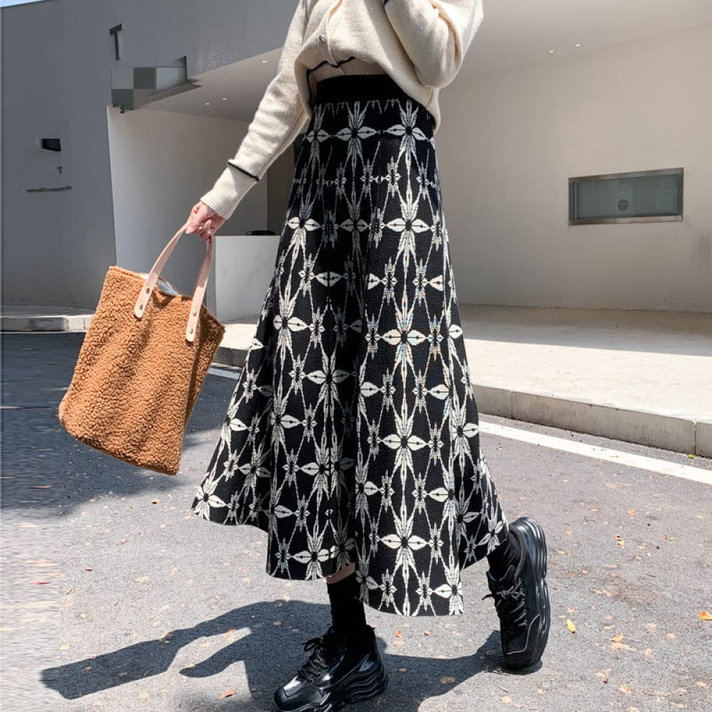 Faldas De Invierno para Mujer, Falda De Talle Alto De Punto Elástico De Flores Vintage Falda De Invierno De Café Acampanada Elegante Faldas Plisadas Midi para M(Black)