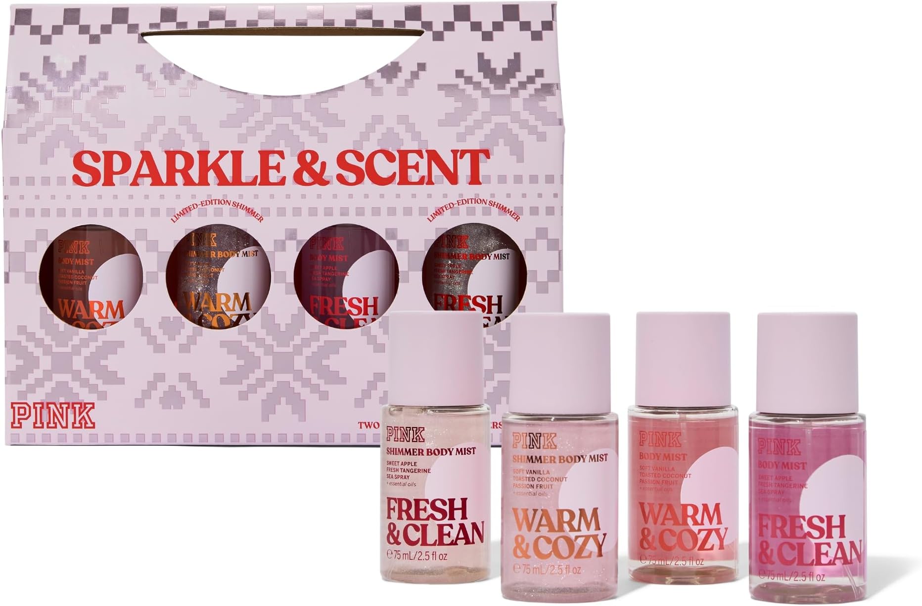 PINK 4 Piece Mini Mist Gift Set: Warm & Cozy, Fresh & Clean, Warm & Cozy Glow and Fresh & Clean Glow