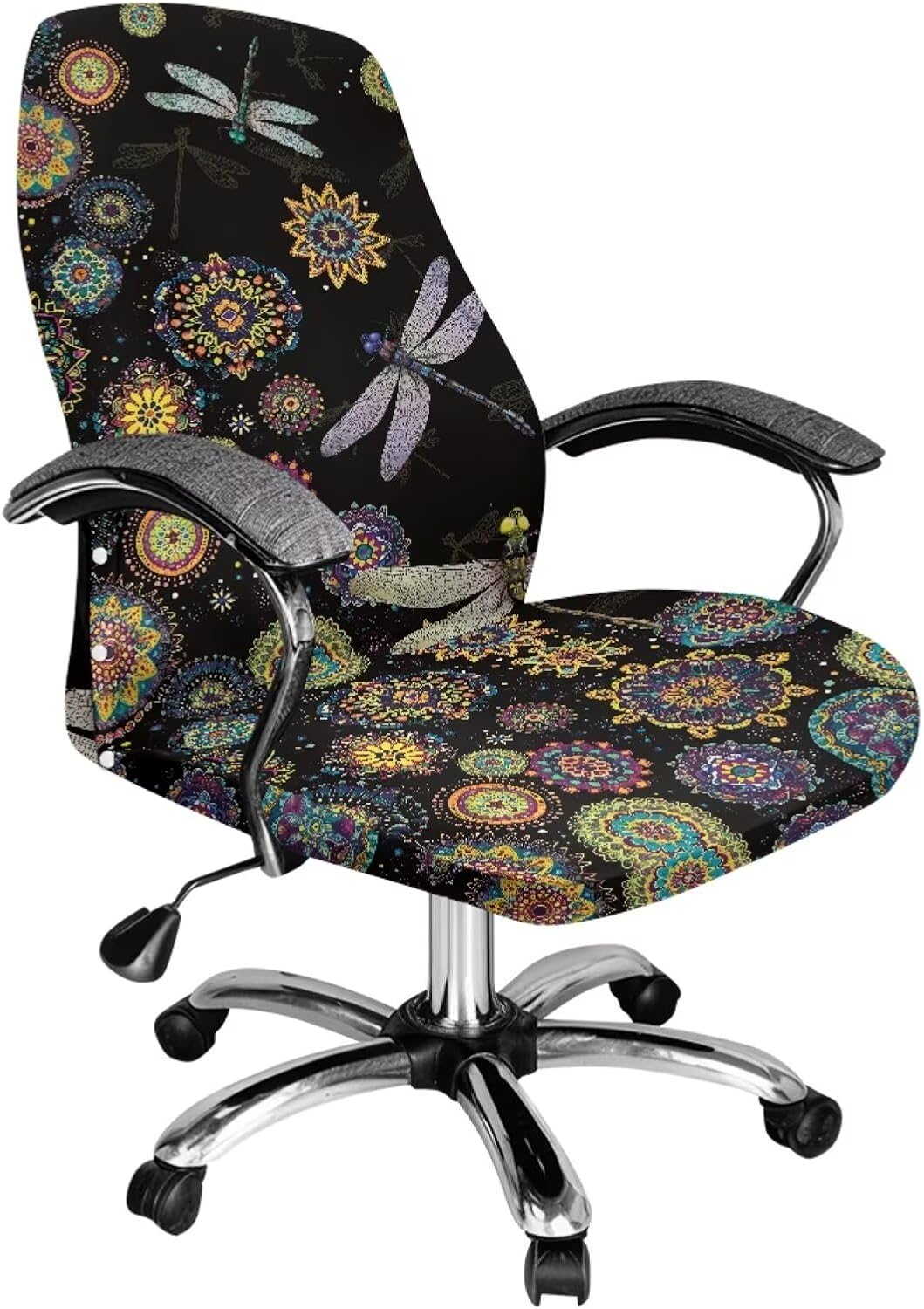 Office Chair Cover Dust-Proof Swivel Chair Protective Slipcover Bohemian Floral Dragonfly Print Stretchable Boss Chair Cover for Office Home Decoration, Large