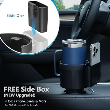 Seven Sparta Cup Holder Expander with Phone Holder & Cable Access, 3-in-1 Car Organizer, Side Storage Box for Phone/Cards, Compatible with Yeti, Owala, Hydro Flasks & Large Bottles Mugs in 3.4-3.8