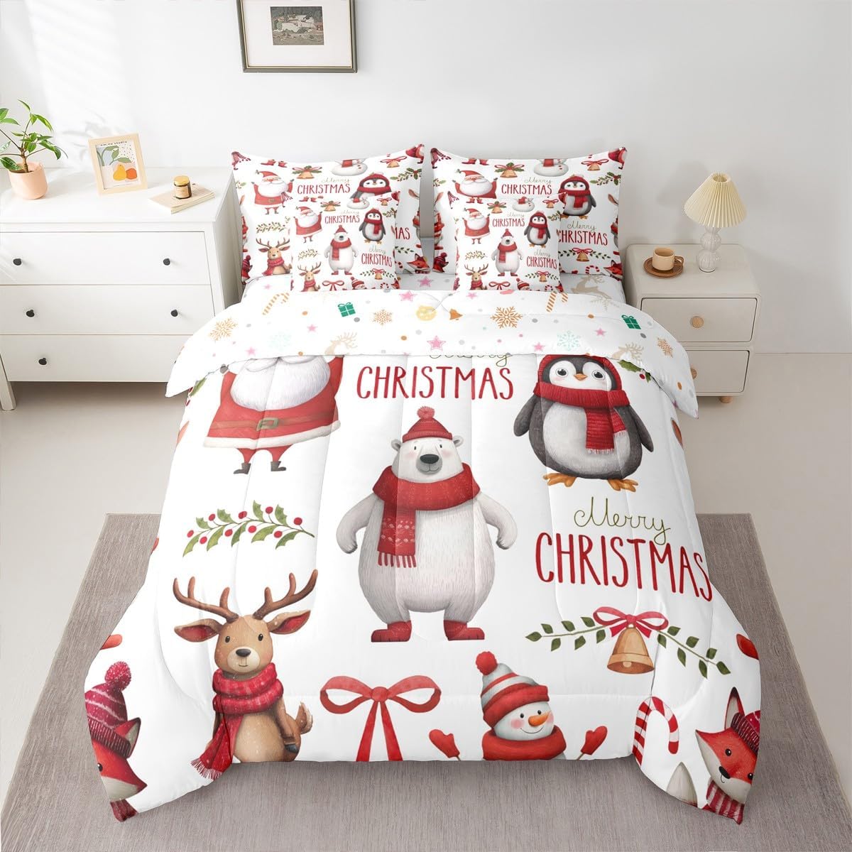 Kids Christmas Comforter Set Bed In A Bag Queen Size 7 Piece Deer Cute Animal Santa Claus Snowman Bedding Set For Girls (1 Comforter, 1 Flat Sheet, 1 Fitted Sheet, 2 Pillowcase,2 Throw Pillow Covers)