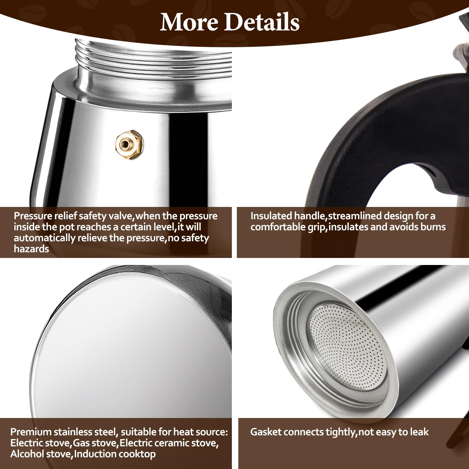 Cafetera italiana para 2 tazas, 100 ml, 3.5 onzas, cafetera espresso de acero inoxidable, cafetera clásica adecuada para cocinas de inducción, estufa de gas, estufa de alcohol, estufa