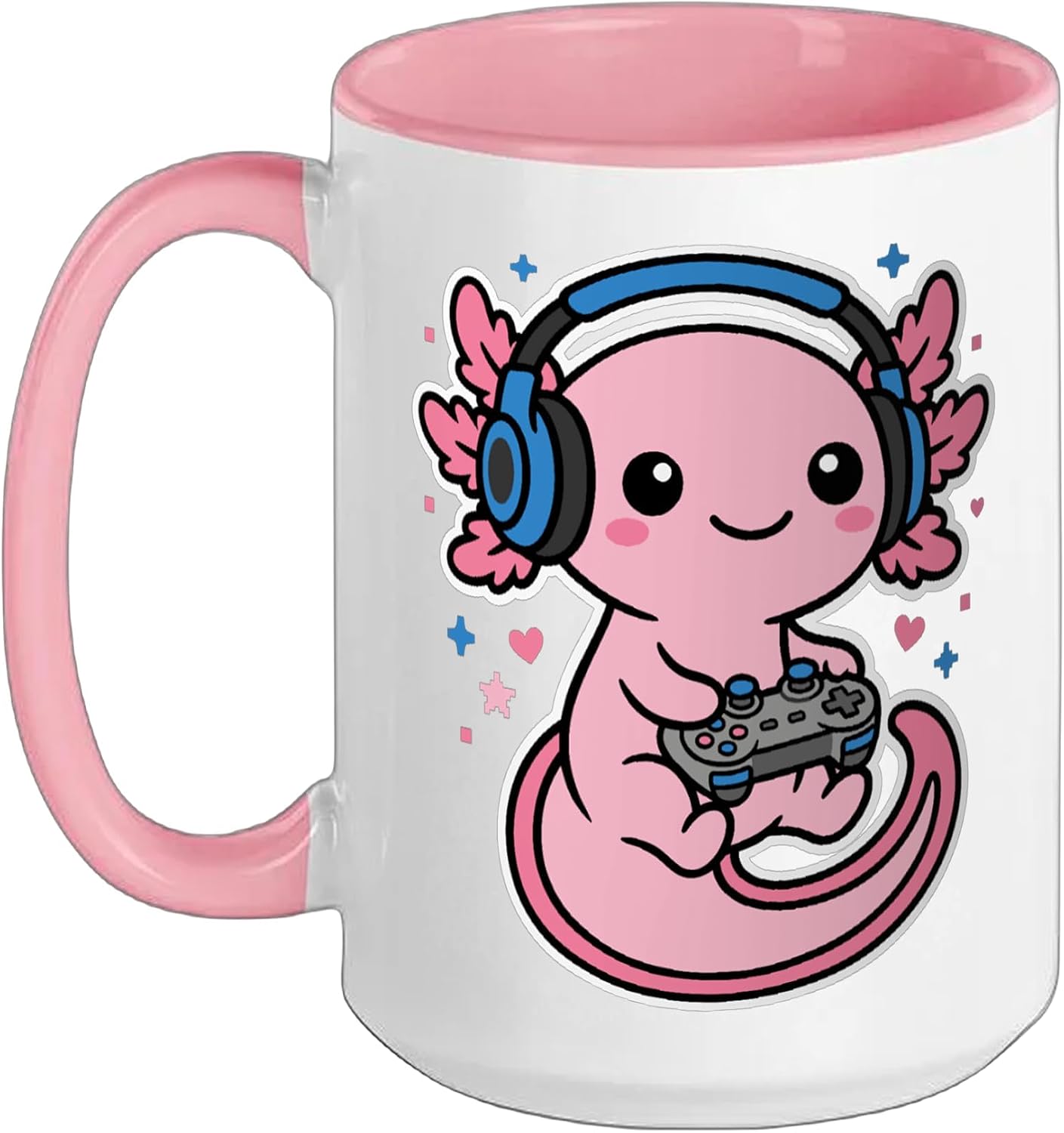 Gamer Axolotl Kawaii Gaming Headset Controller Funny Game Ceramic Mug, Pink/White, 15oz