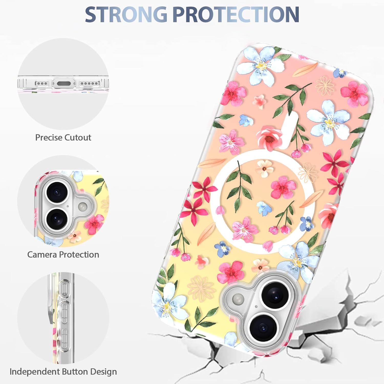 AIGOMARA Iridescent Case for iPhone 17 [Compatible with MagSafe] Laser Orange Blue Floral Pattern Soft TPU Bumper Hard PC Back Shockproof Protective Slim Magnetic Cover