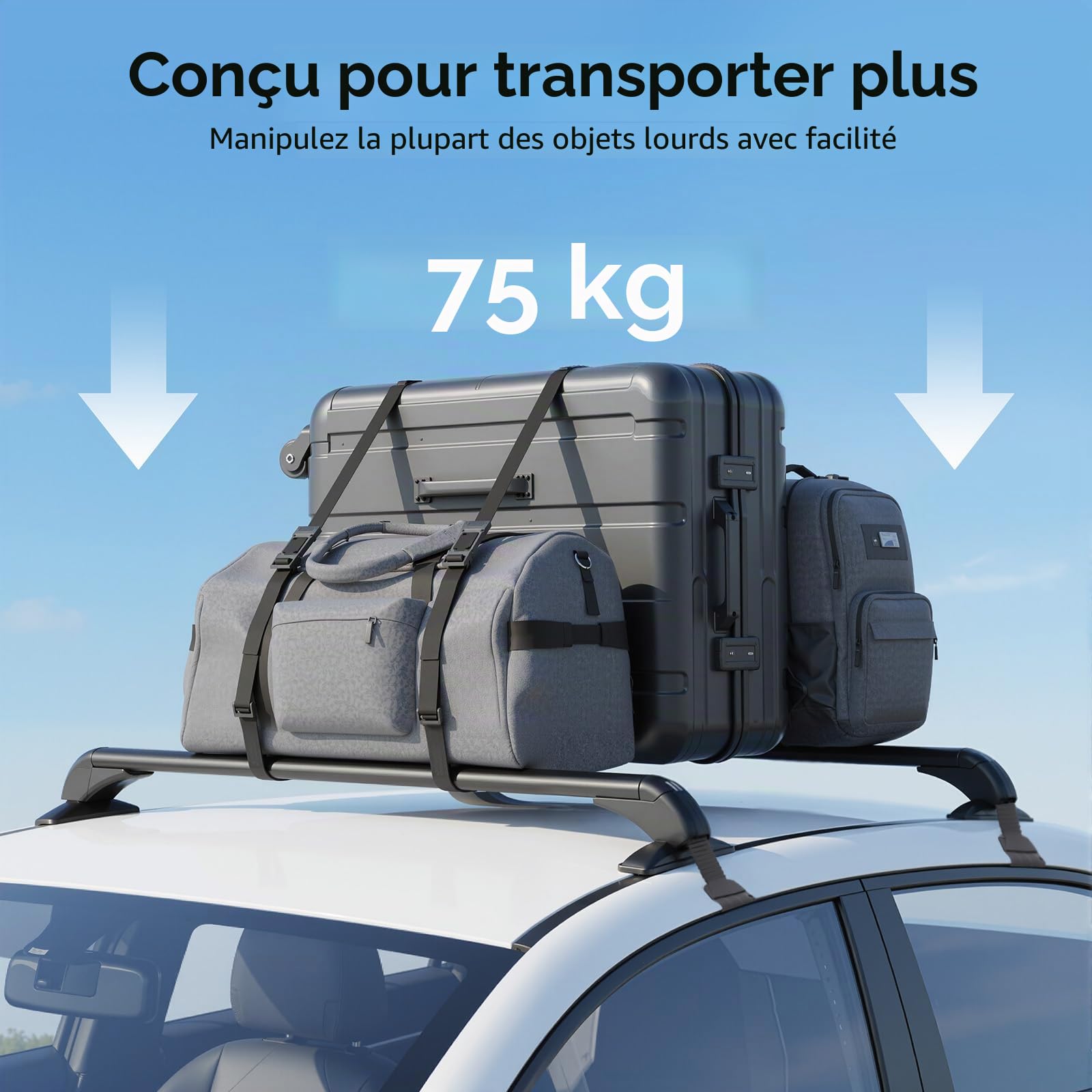 Barres de toit universelles pour voiture, 100 cm, aluminium, capacité de charge statique 75 kg, barre portable universelle pour la plupart des voitures à 4 ou 5 portes uniquement