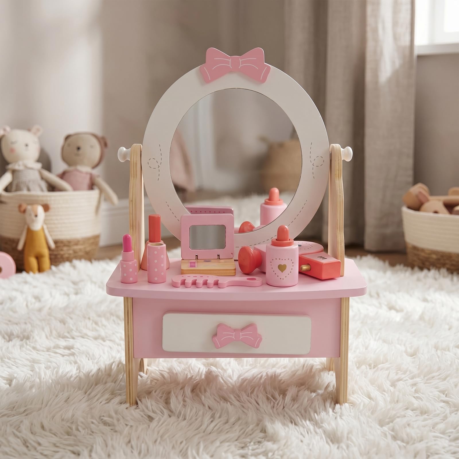 Set da toeletta in legno per bambini, giocattolo da tavolo con specchio girevole a 360°, set di accessori per il trucco, regalo per bambine dai 3 anni in su (bianco)