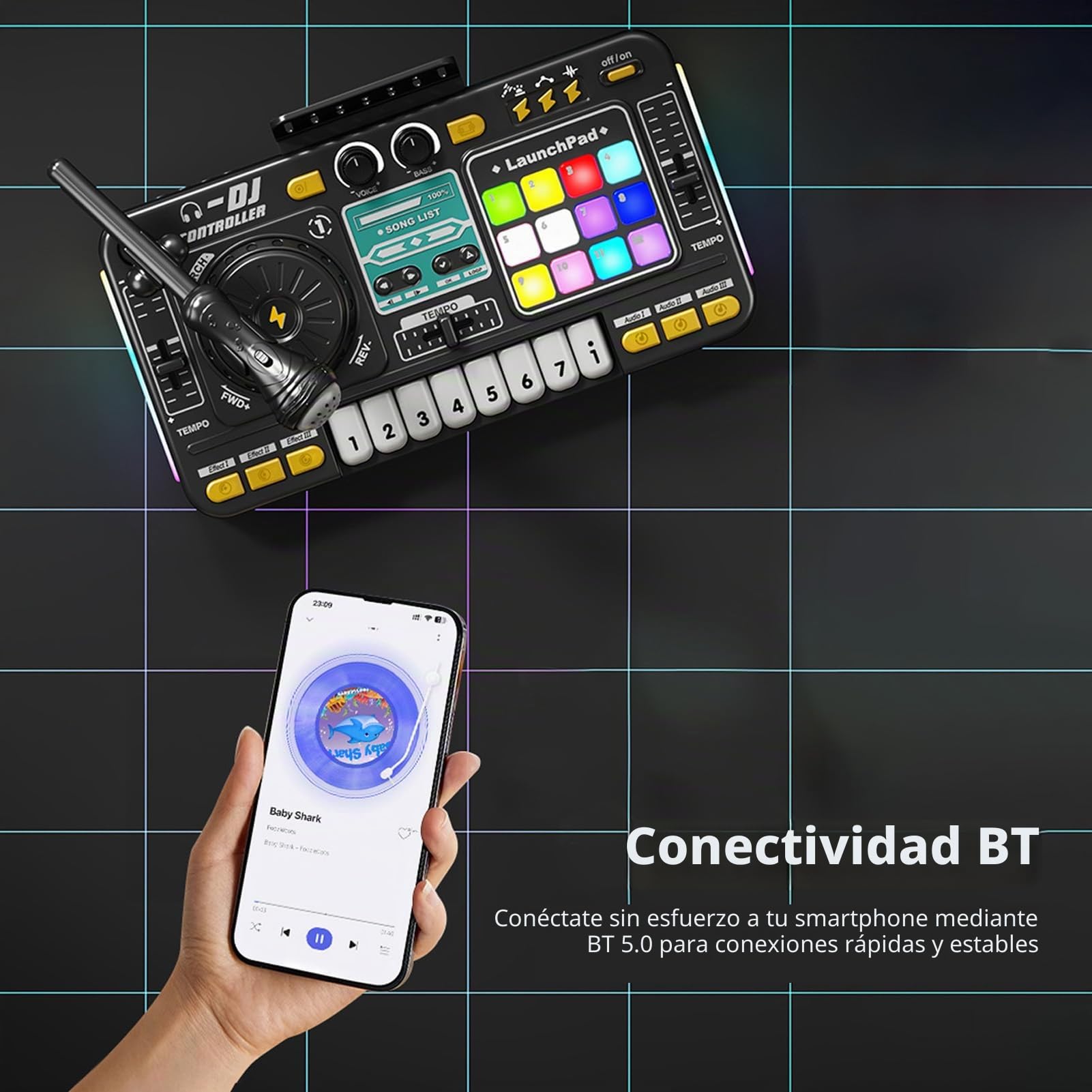 Btuty Controlador de DJ para niños reproductor de disco electrónico BT DJ mezclador mesa con micrófono ajustable efectos de luz dinámicos juguetes de fiesta para niños musical