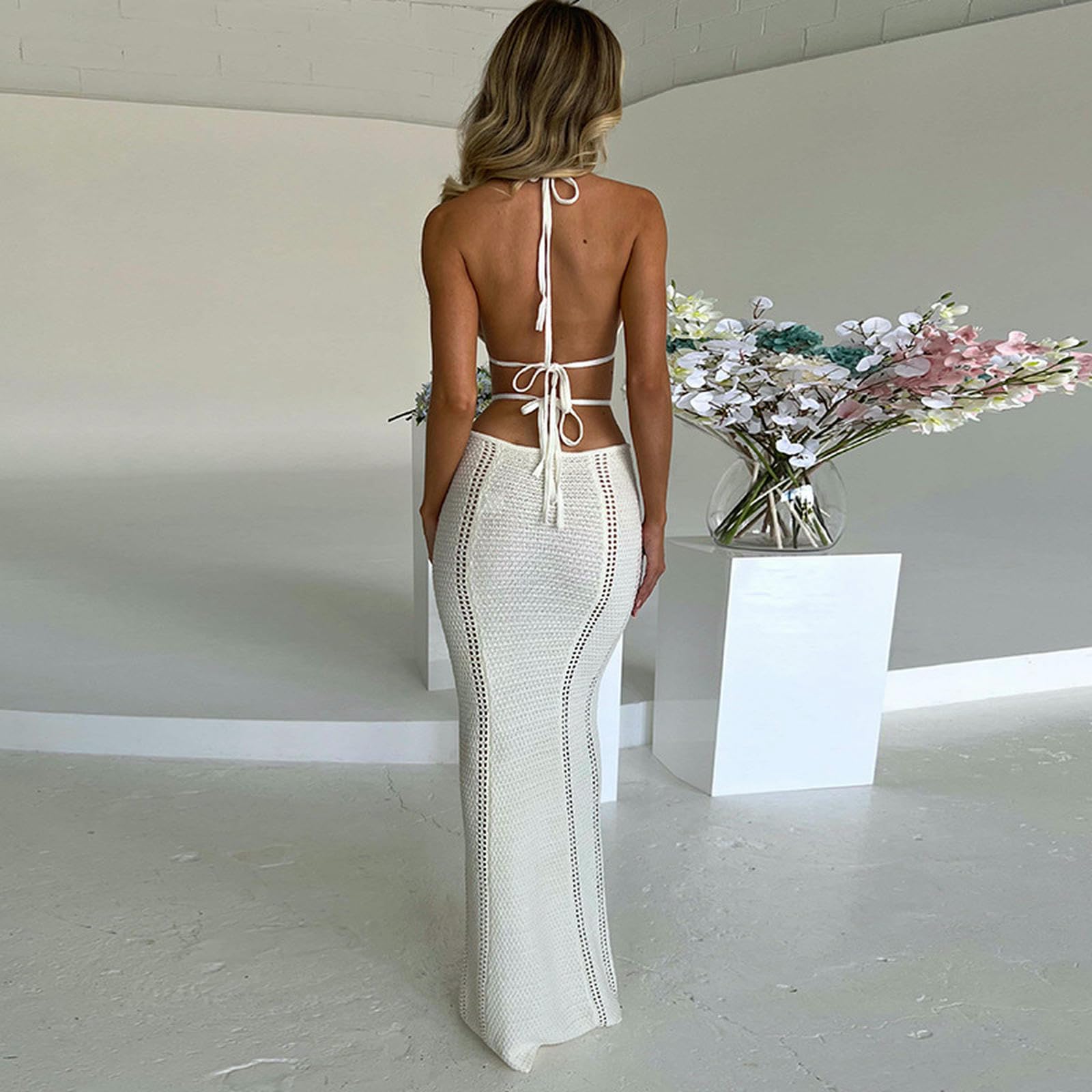 Sukienka damska elegancka bodycon szydełkowa sukienka z wiązaniem z tyłu cienka wydrążona sukienka wieczorowa długie sukienki maxi