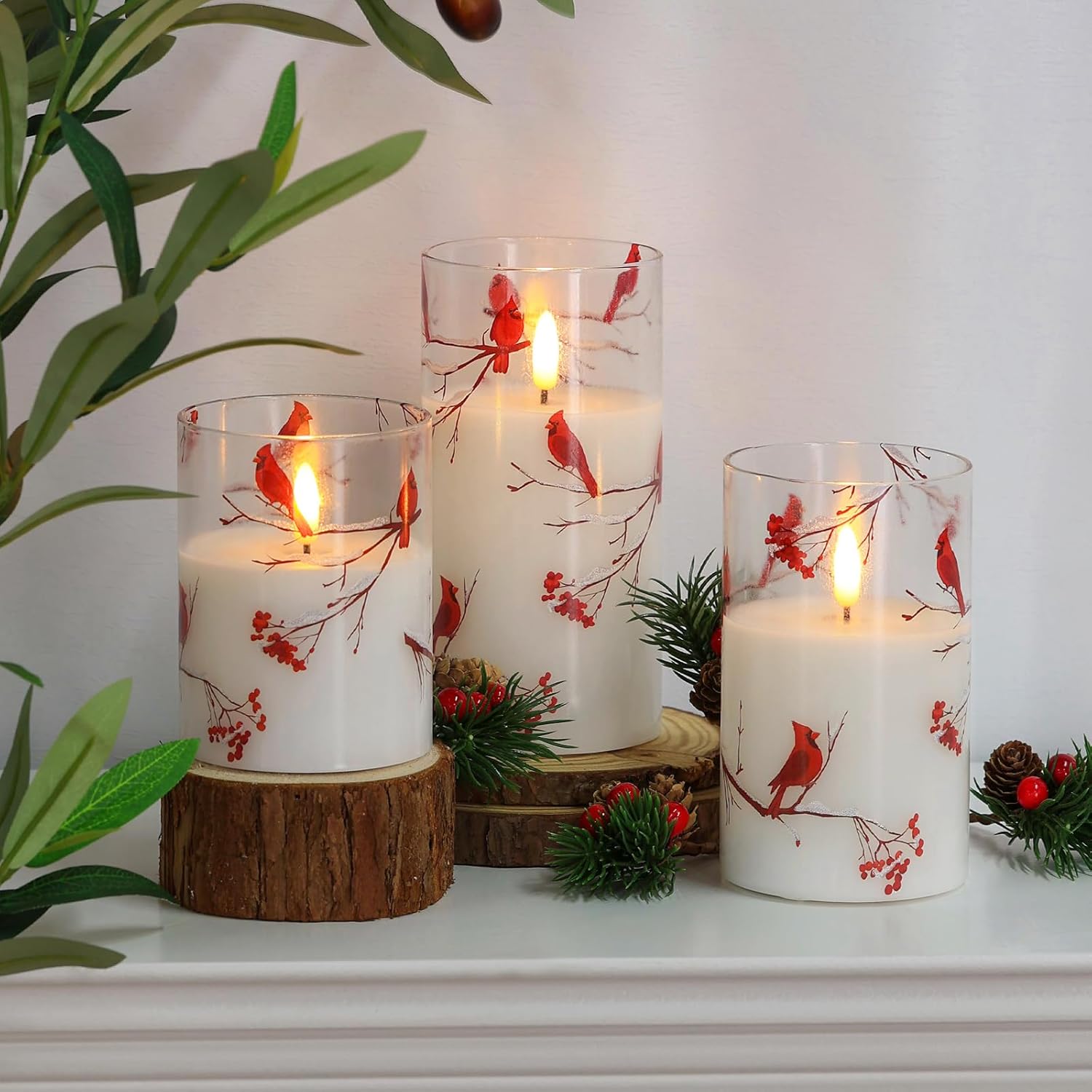 Flameless Candles with Remote, Cardinal Theme Battery Operated Candles with Timer, Real Wax in Glass Red Bird LED Candles for Party, Holiday Festival, Home Indoor Decor, Set of 3 - Image 2