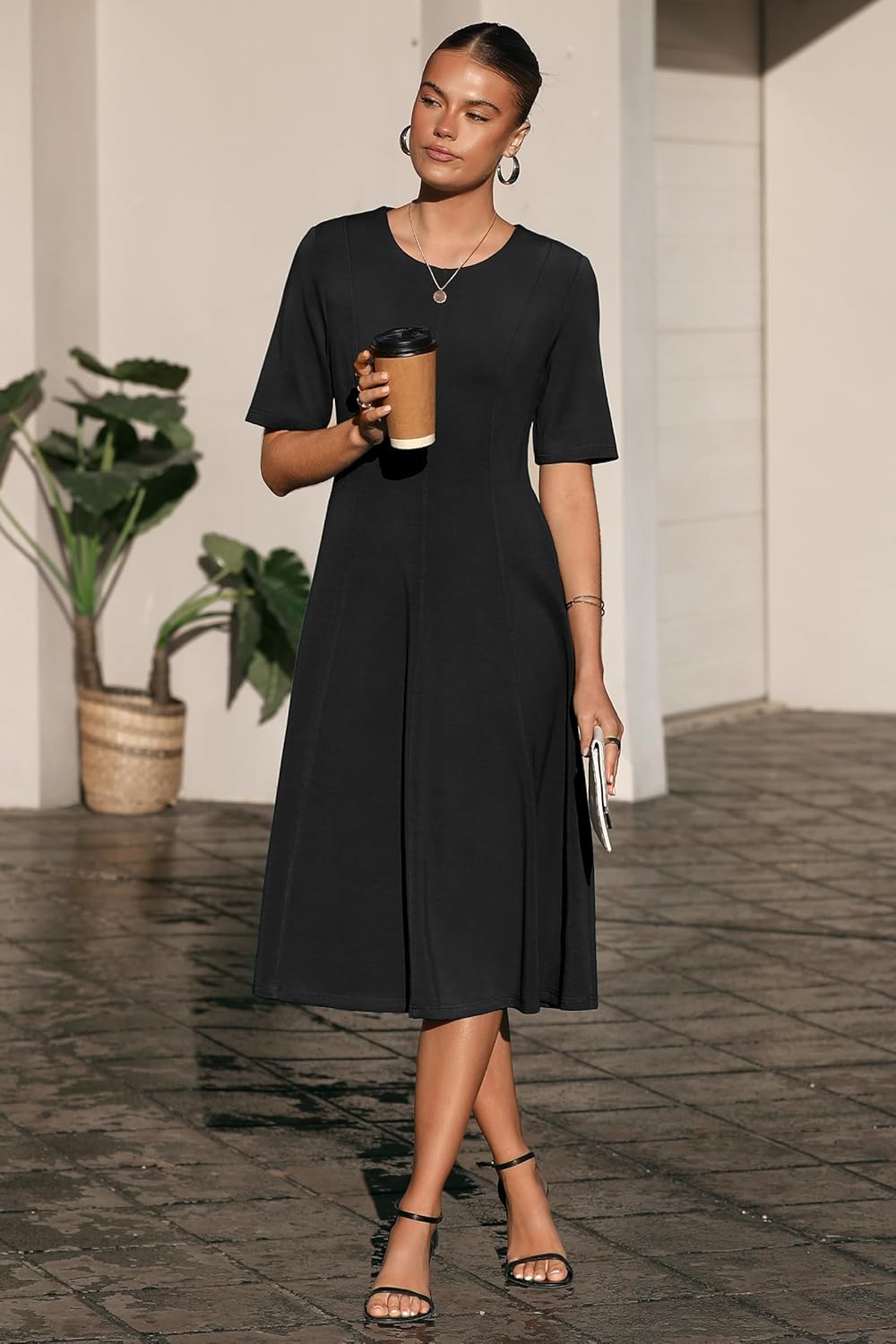 Newshows Womens 2025 Summer Teacher Work Modest Dresses Ultra Soft Short Sleeve Midi Old Money Clothes Business Casual Dress - Image 3