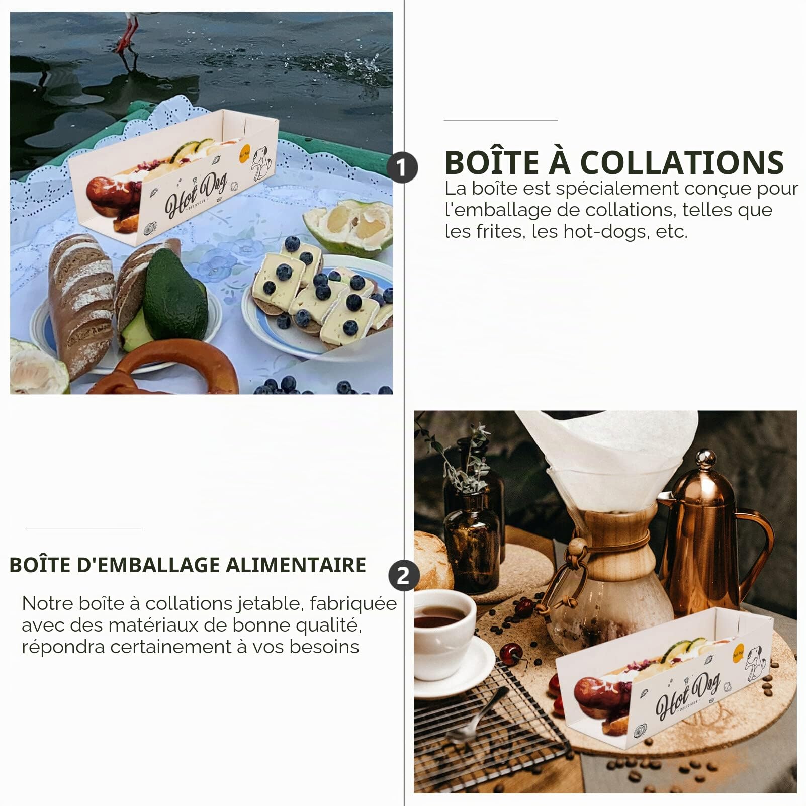 Lot de 100 plateaux jetables pour hot-dog - Pour les fêtes - Papier blanc