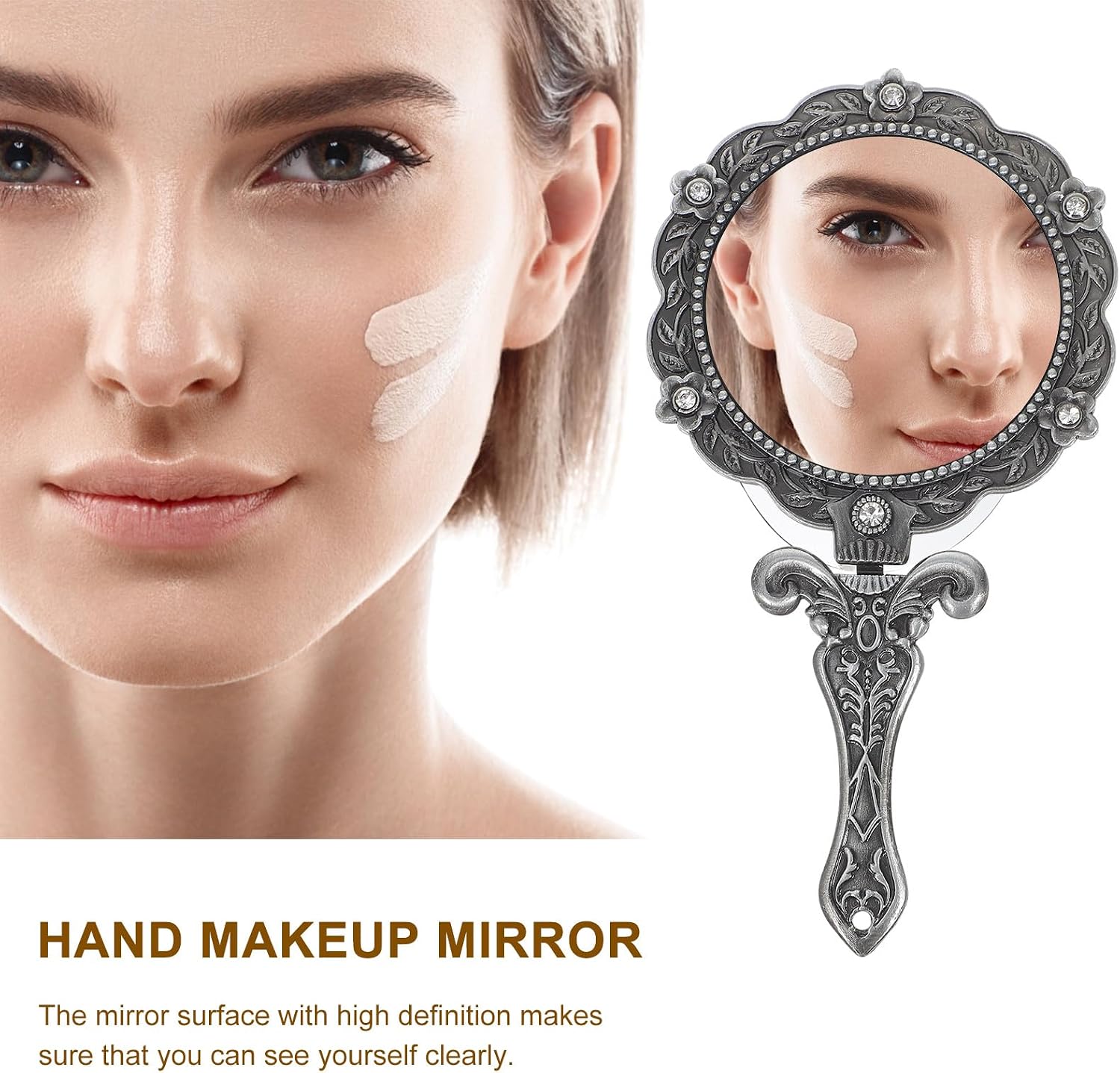 Unomor Vintage Folding Handheld Makeup Mirror for Women, Rectangular Alloy image 5