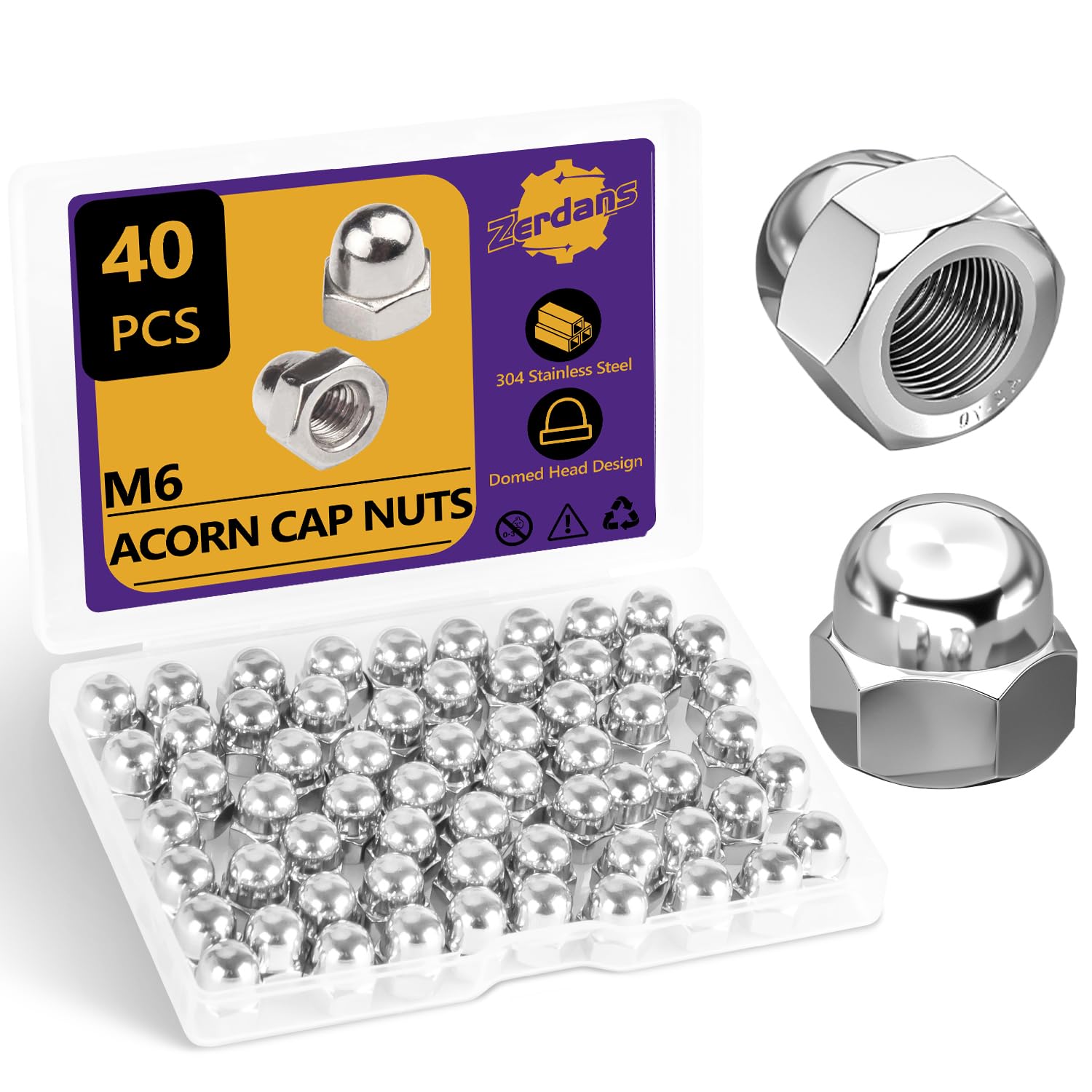 M6-1.0mm Acorn Cap Nuts, 40Pcs Metric Hex Acorn Nuts Stainless Steel 18-8 (304) Caps for Indoor Outdoor Bolt Thread Dia Dome Head Hex Kit