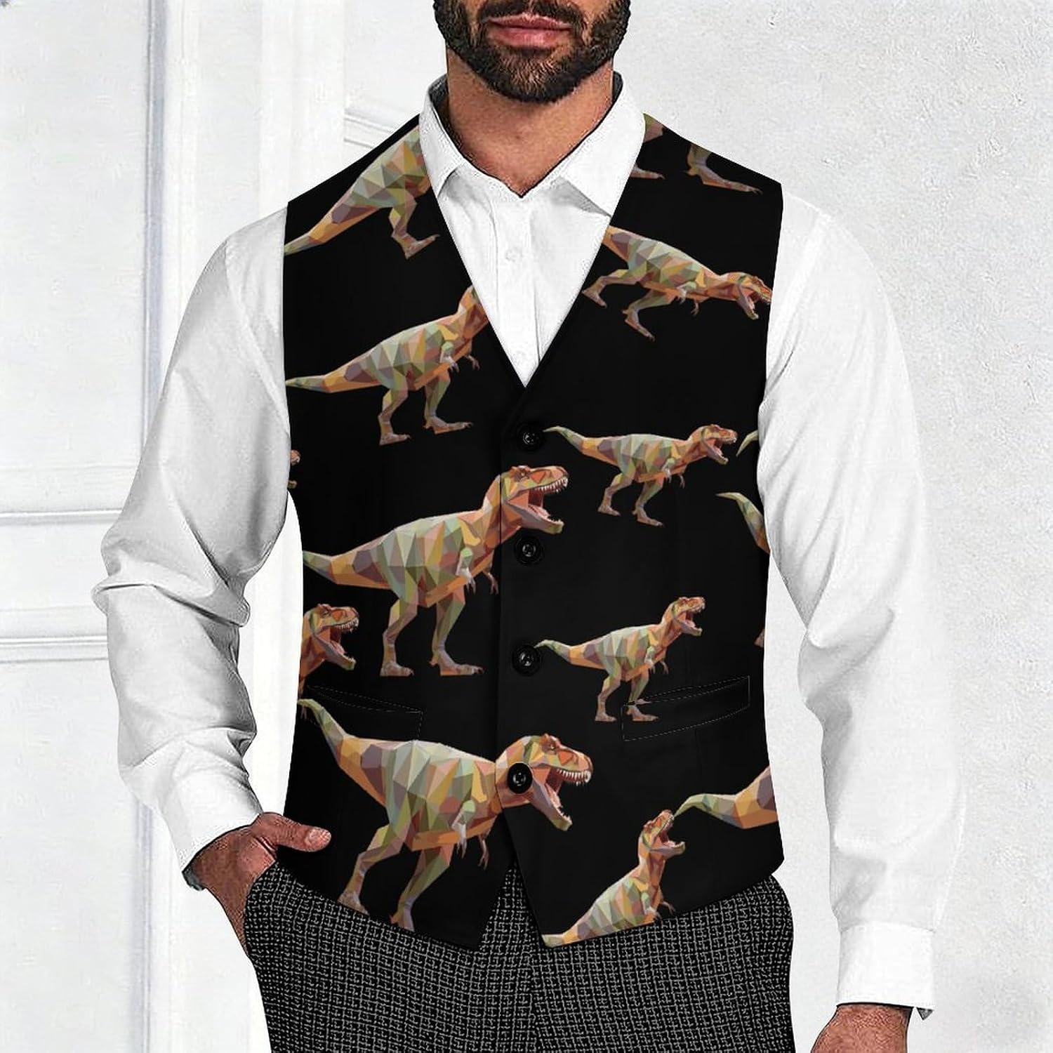 Geometric Dinosaur Men's Formal Suit Vest Slim Waistcoat for Business Tuxedo Dress