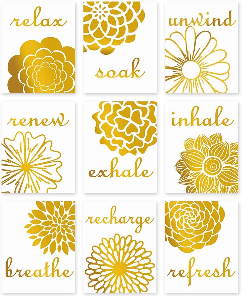 LHIUEM Abstract Flowers Gold Foil Print, Breathe, Relax, Unwind, Soak Quote Bathroom Inspirational Saying Cardstock Art Print Motivational Sign Poster Home Wall Art (8 X 10 inch, Set of 9, Unframed)
