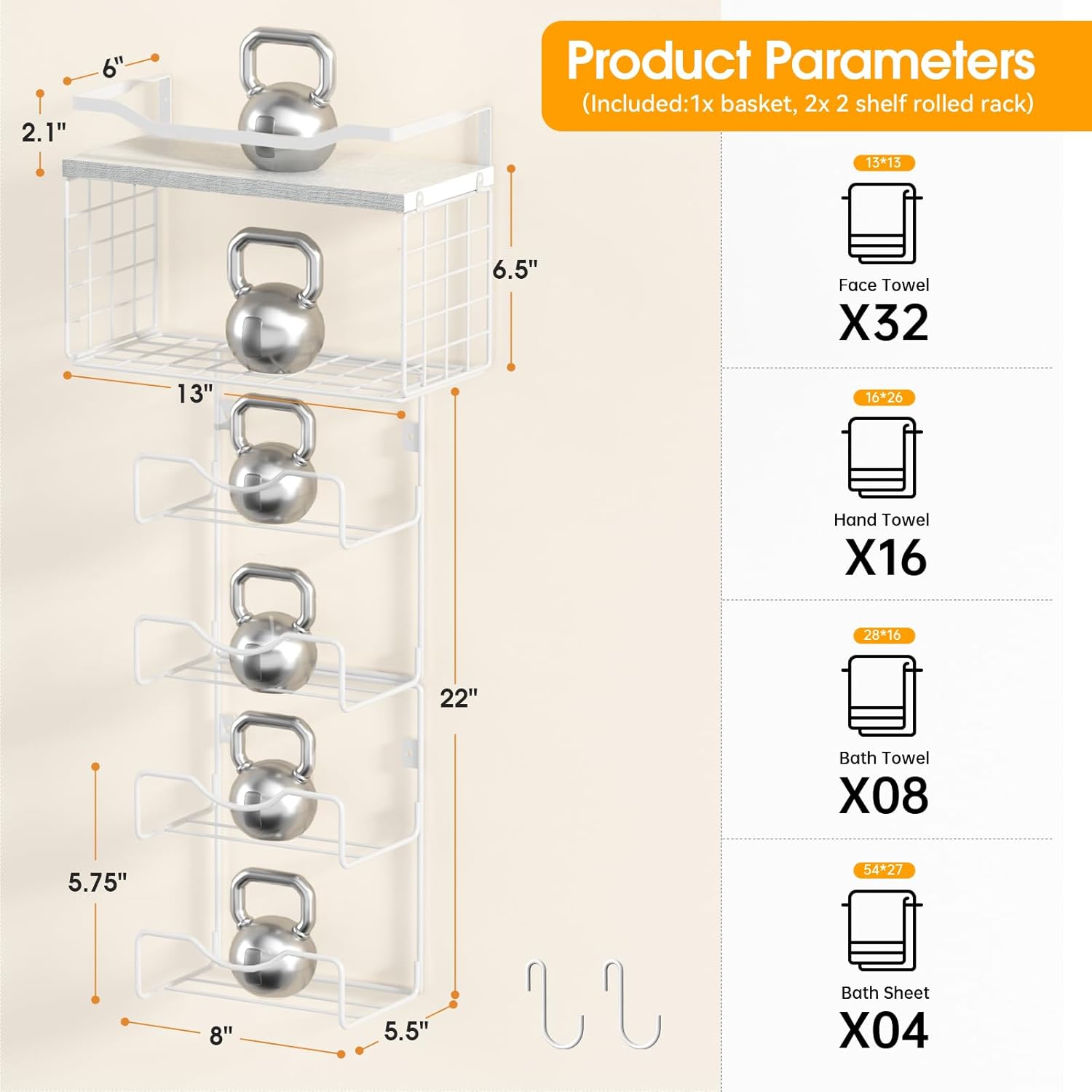 Towel Racks for Bathroom,Towel Rack Wall Mounted, 6 Tier Rolled Or Folded Towel Holder with Floating Shelves, Bathroom Towel Holder for Bath, Hand Towels,Metal,Full White