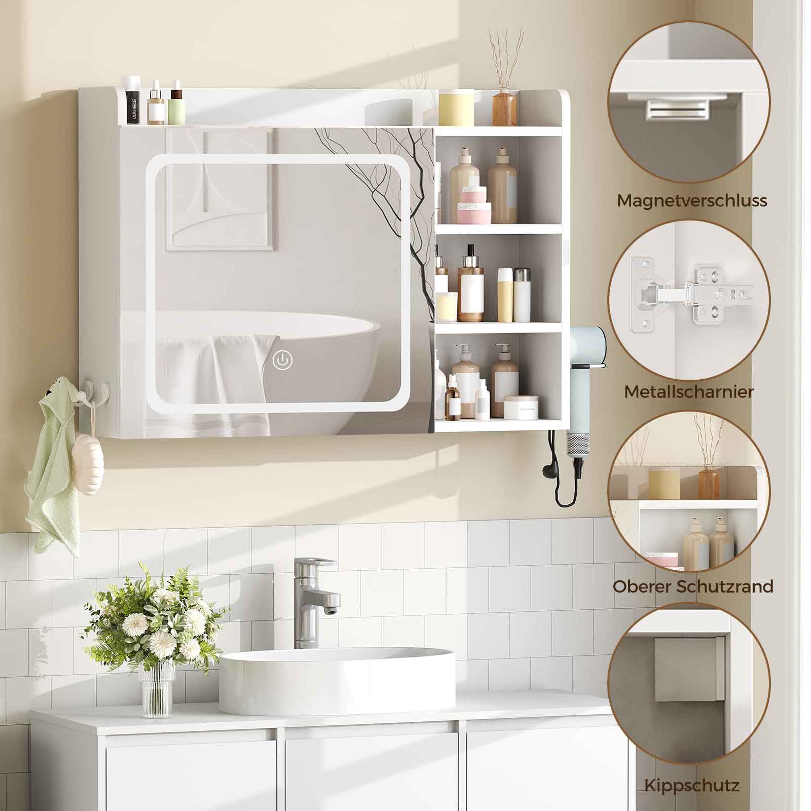 BEWISHOME Spiegelschrank Bad mit Beleuchtung,Badezimmer Spiegelschrank,Badezimmerschrank hängend mit 3 Farbtemperatur Dimmbare,verstellbare Ablagen und Föhnhalter Weiß 17.5 x 80 x 60 cm EYJG01W