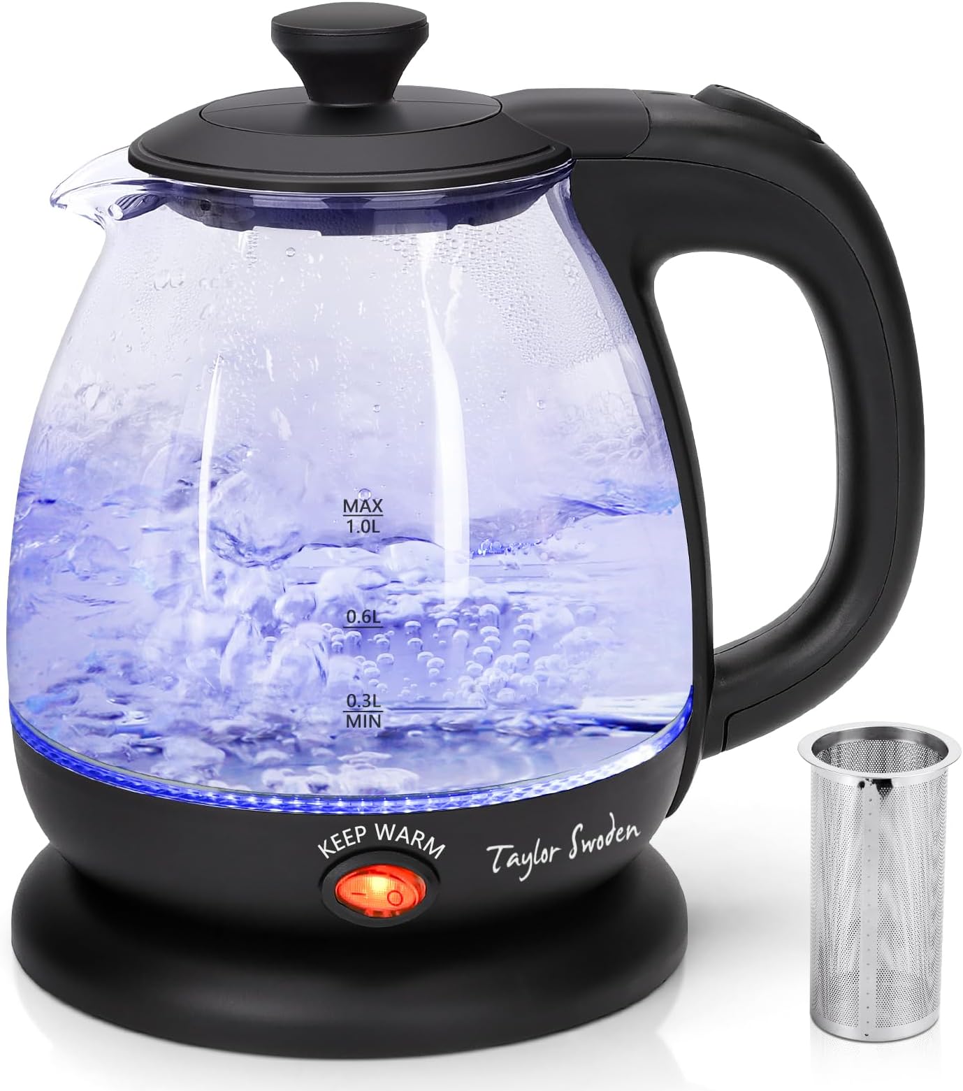 Taylor Swoden Small Electric Kettle, Keep Warm Glass Kettle with Filter Tea Infuser, 2200W 1L Black Cordless Water Tea Kettle for Home and Office - Abel 30A59