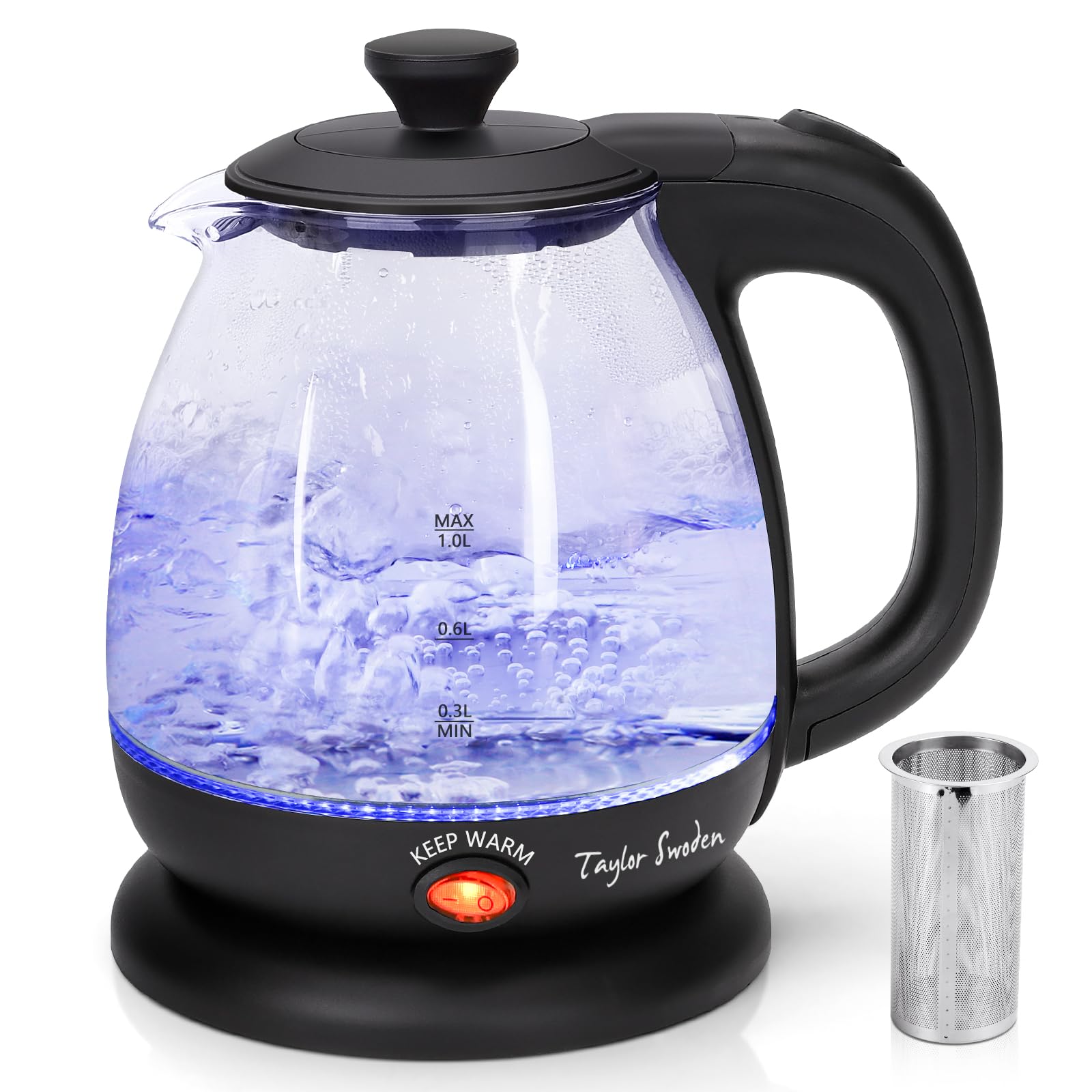 Taylor Swoden Small Electric Kettle, Keep Warm Glass Kettle with Filter Tea Infuser, 2200W 1L Black Cordless Water Tea Kettle for Home and Office - Abel 30A59