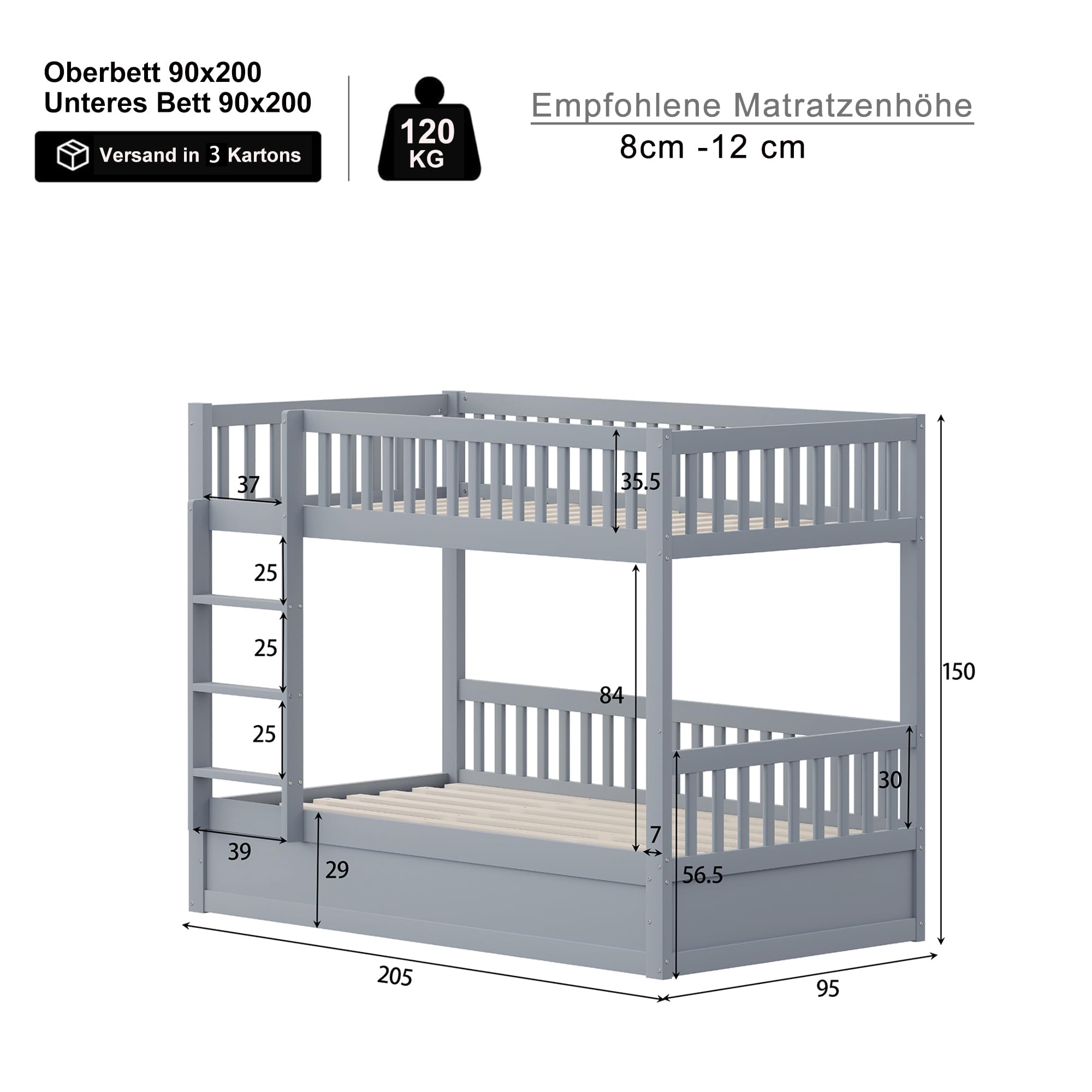 Idemon Letto a castello per bambini 90 x 200, letto idraulico in legno massiccio, stabile e durevole, con vano portaoggetti, letto per ragazzi (grigio)