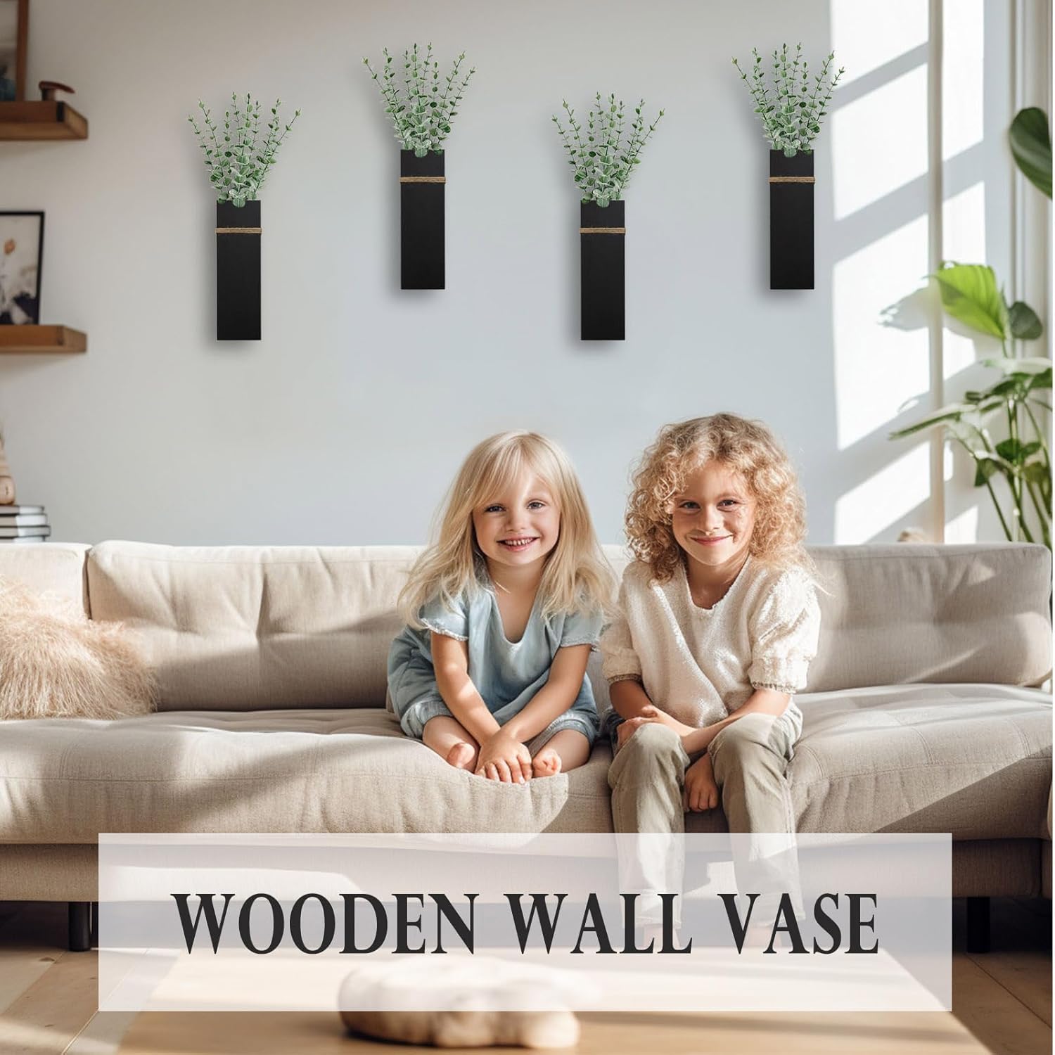 Wall Planters for Indoor Plants - 4 Pack Wood Wall Vases for Dried Flowers & Artificial Plants Modern Farmhouse Wooden Vase for Living Room Bedroom Kitchen Decorations - Black