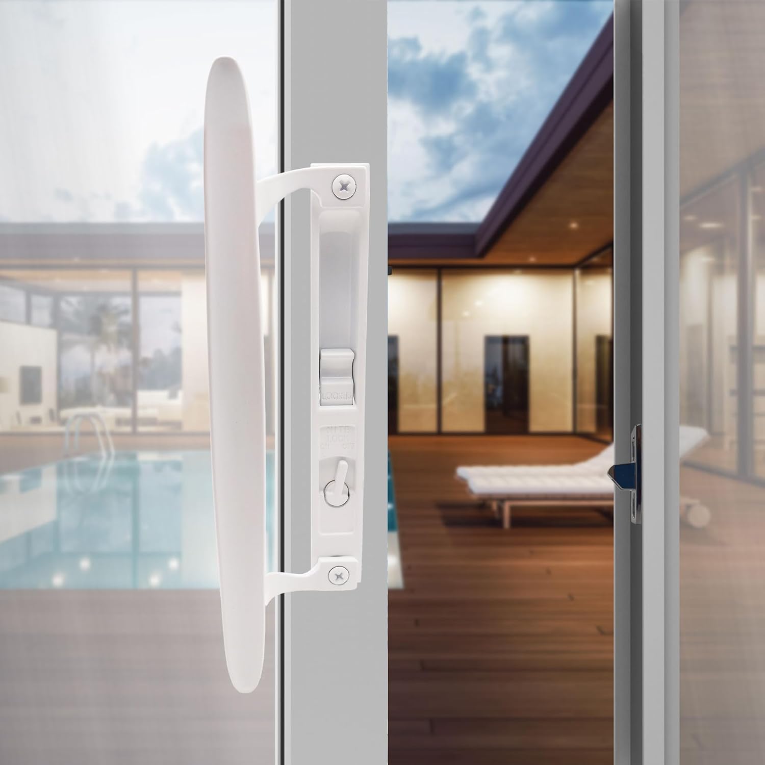 ACEPLANET Flush Mount Non-Keyed Sliding Glass Door Handleset, 6-5/8" H.C., Fits 1" to 1-1/8" Thick Doors, Features Night Lock & Hook Latch, Non-Handed, White Diecast