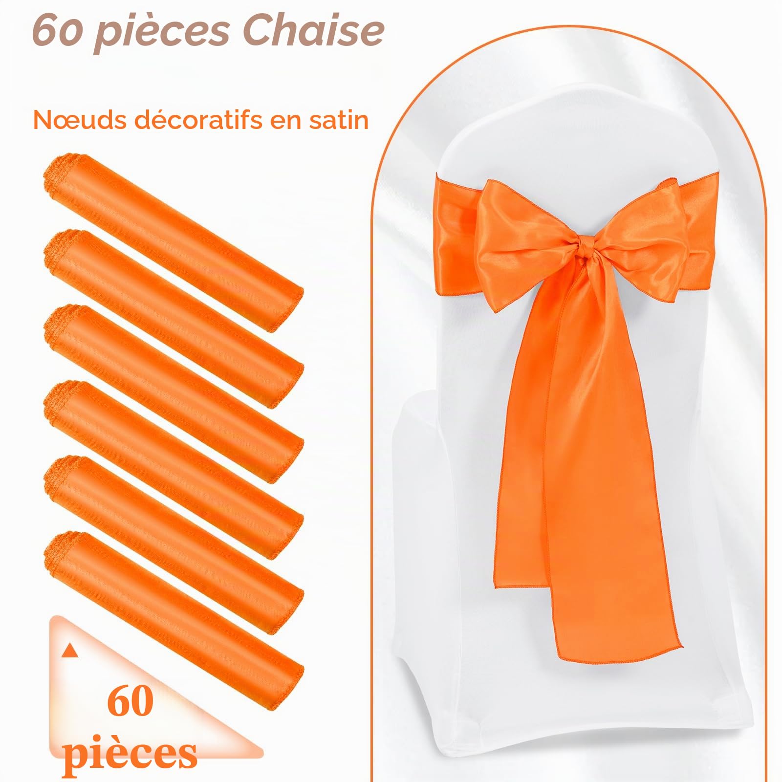 Lot de 60 rubans de chaise en satin orange avec nœuds conçus pour décoration de chaises, Thanksgiving, mariage, Noël, banquet, fête, décoration de la maison et de la cuisine (17,8 x 274,3 cm)