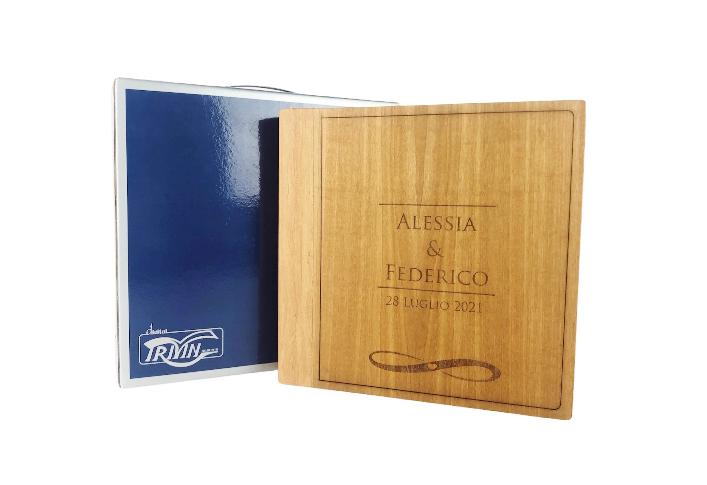 TriVin Art, Album Fotografico in Similpelle pregiato effetto legno,con applicazione in legno personalizzabile.Ideale per Battesimo, matrimonio, comunione e fotoricordi. (Personalizza Rovere)