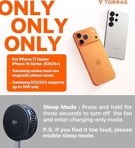 Vista 9 de TORRAS PolarCircle Qi2.2 Cargador inalámbrico, almohadilla magnética de enfriamiento de 25 W para iPhone 17/16, cargador inalámbrico para Samsung