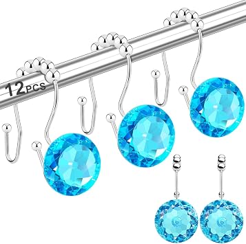 Shower Curtain Hooks Rings for Bathroom, 12PCS Double Hooks Glide Anti Rust Crystal Rhinestones Shower Curtain Rings Hangers for Shower Curtains, Clothing, Towels, etc. Aqua Blue