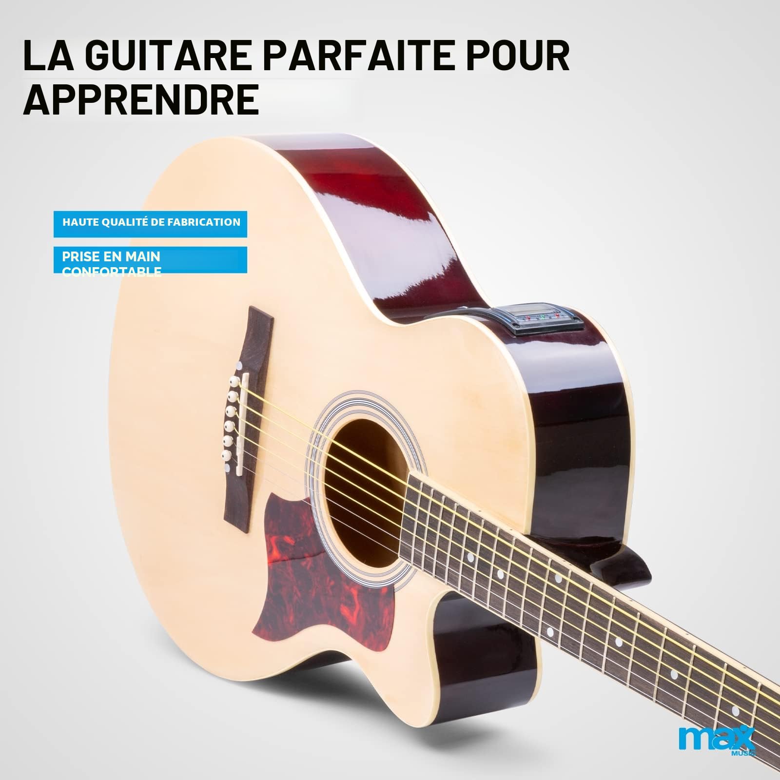 Max Showkit - Guitare Électro-Acoustique Adulte - Bois Clair, Cordes en Acier, Amplificateur Intégré 40W, Livré avec un Sac de Transport et une Sangle, pour Musiciens Débutants