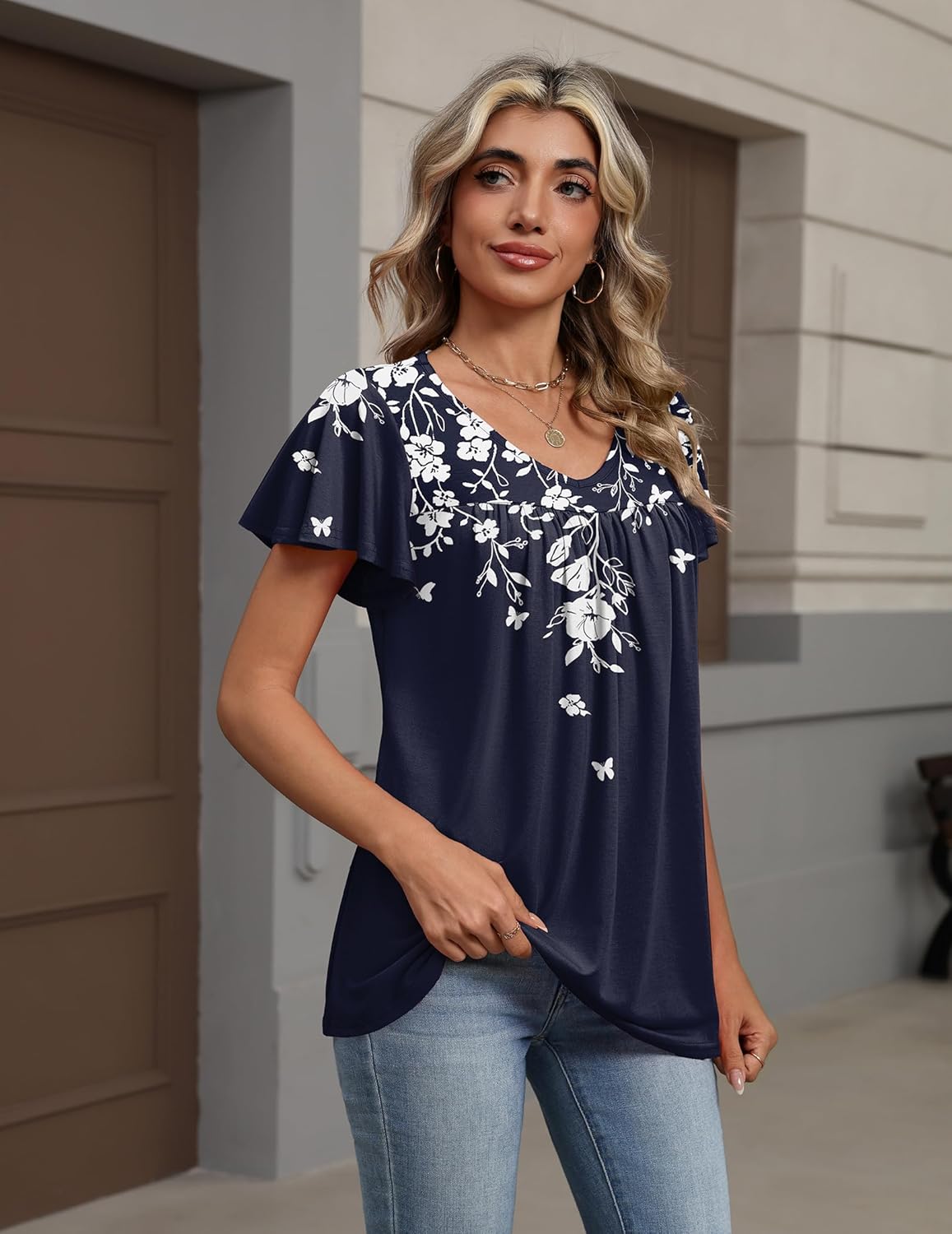 Zeagoo Women Tops Summer Ruffle Short Sleeve Shirts V Neck T Shirts Pleated Tunic Tops Work Blouses Business Outfits - Image 3