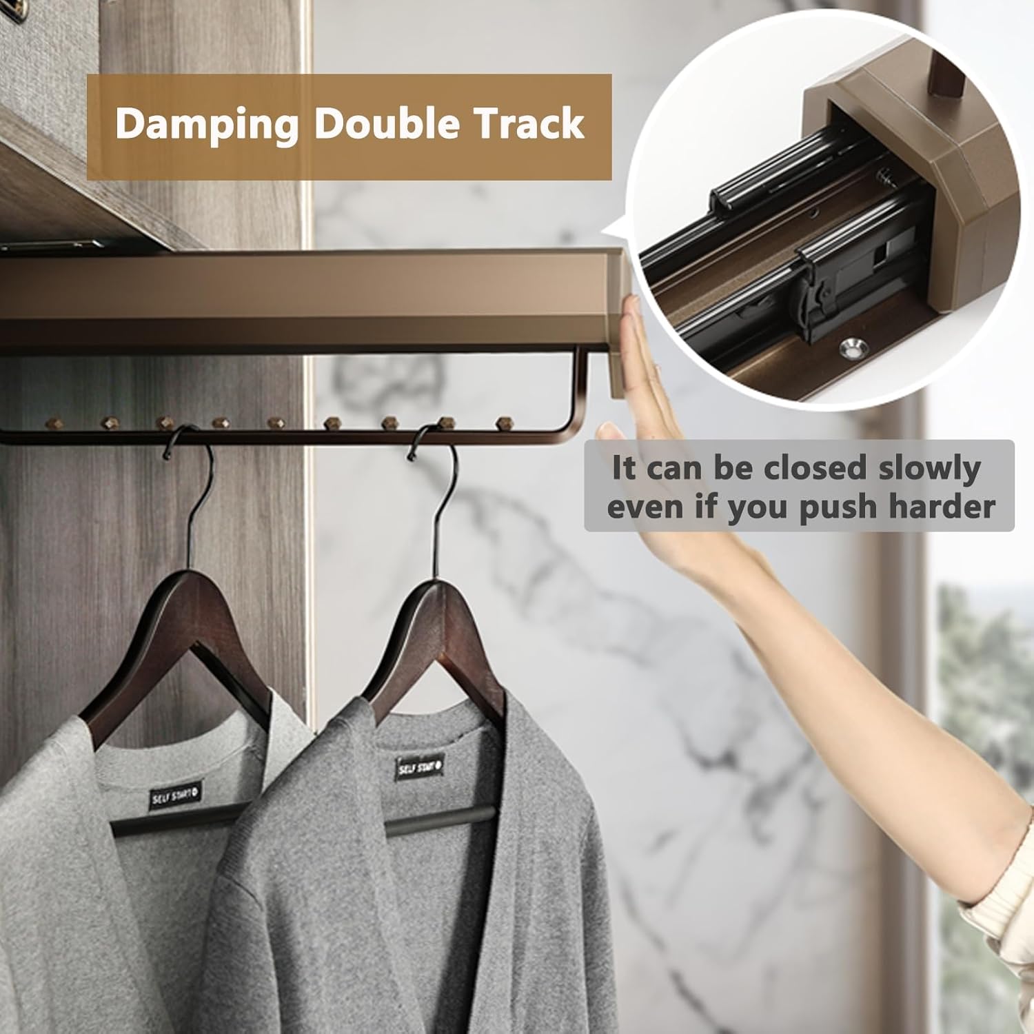 Pull Out Closet Rod Extendable, Wardrobe Hanger with Double Slide Rails, Silent Damping, Bearing 75kg, Top Mount Adjustable Closet Extender Rod(32.7cm/12.87in)