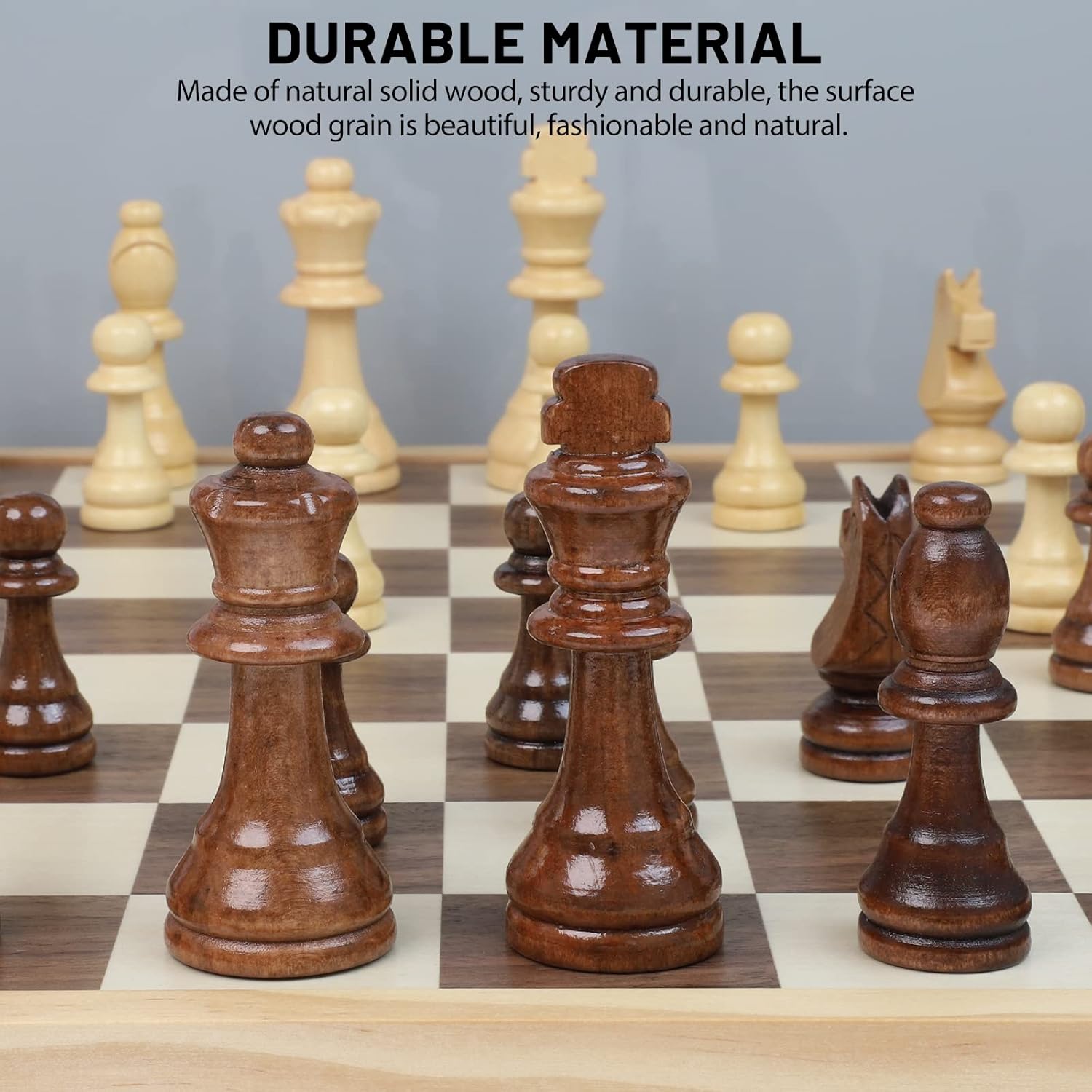 LEAP Wooden Chess Set 17" Inches - 2 Extra Queens - Folding Board Raised Edge, Handmade Portable Travel Chess Board Game Sets with Game Pieces Storage Slots - Chess Set for Adults and Beginner