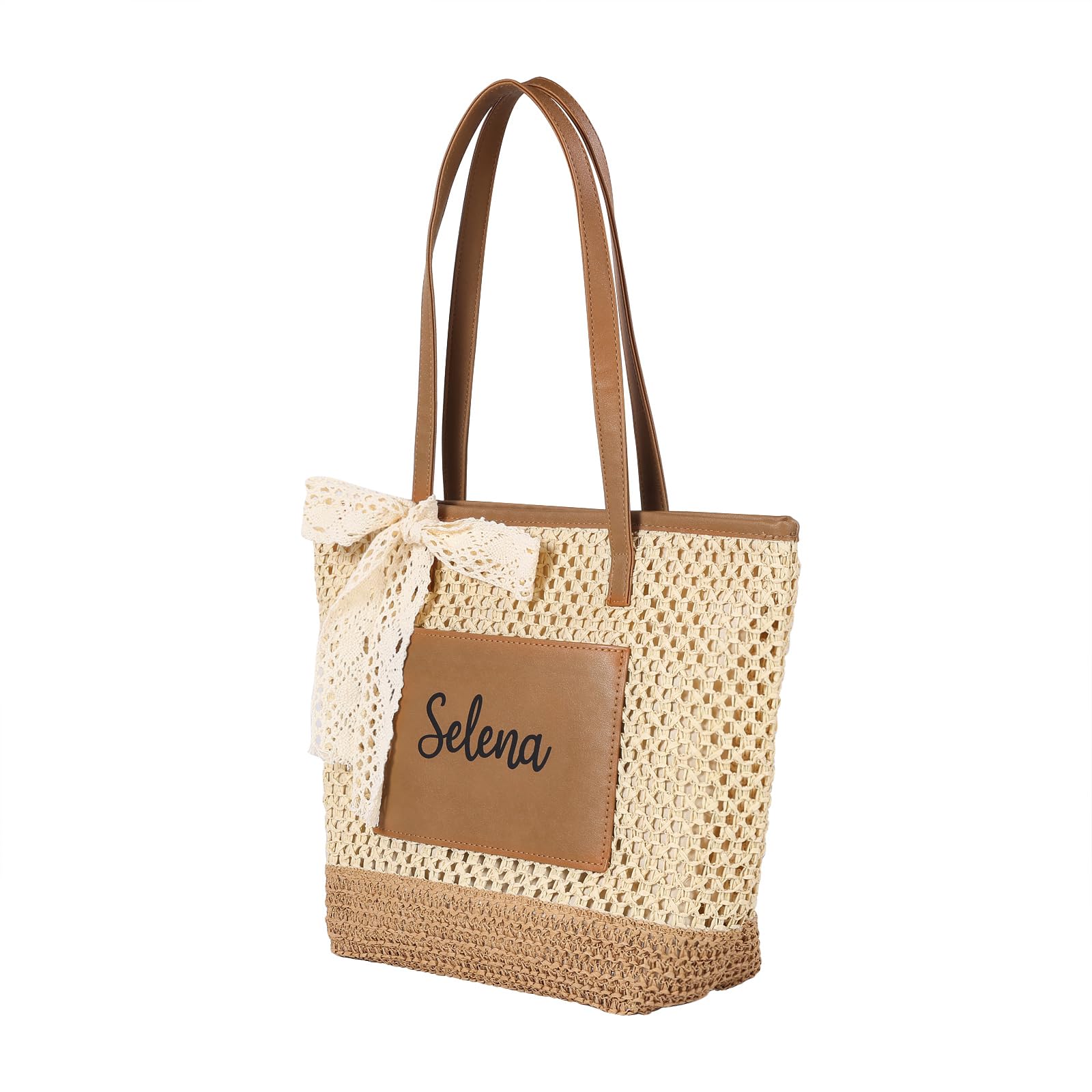 Sac de Plage Personnalisé Femme Sac Cabas Paille avec Prénom Grand Sac Tote d’Été Porté Épaule pour Plage Voyage Shopping