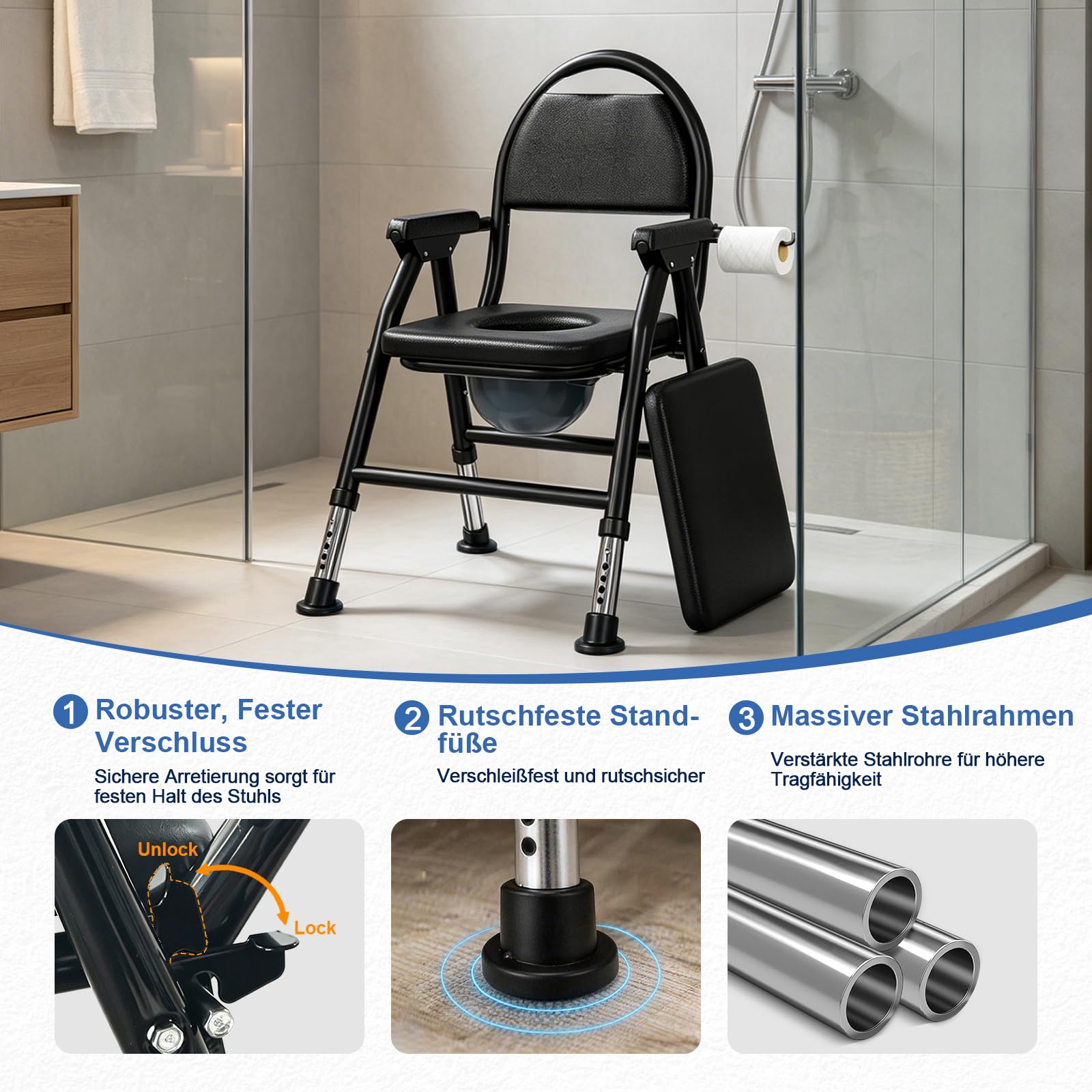 NJUN Toilettenstuhl Klappbar mit Eimer, Kompakter Nachtstuhl für Senioren Höhenverstellbar, WC Stuhl Bett mit Gepolstert für Schlafzimmer Pflege, Stabil Bis 200 kg