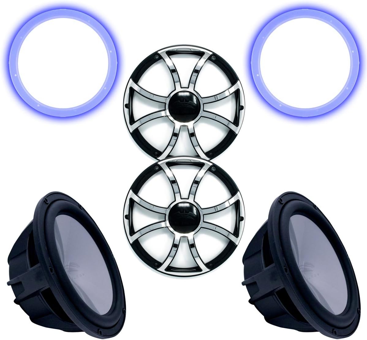 Wet Sounds Two Revo 12" Subwoofers, Grills, & RGB LED Rings - Black Subwoofers & Black Grills with Steel Inserts - 2 Ohm
