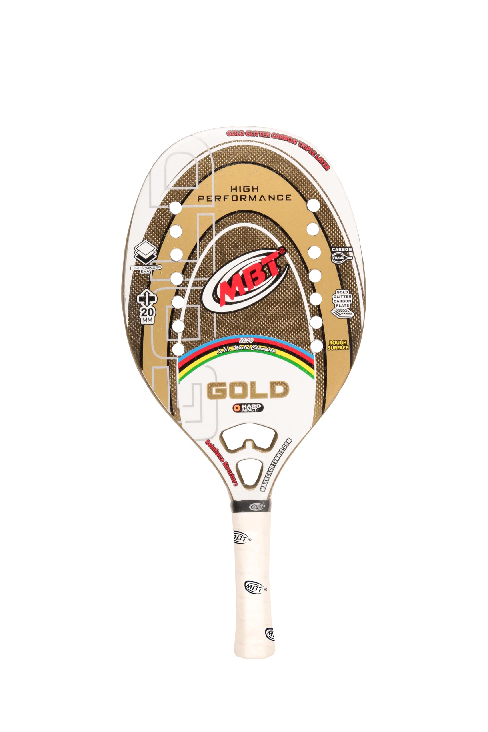 MBT GOLD, Racchetta Beach Tennis Gold Glitter Carbonio Triple Layer- Trattamento ruvido- Eva High Power – Leggera e Bilanciata – Profilo 20 mm - Custodia inclusa - Alan Maldini campione del Mondo 2010