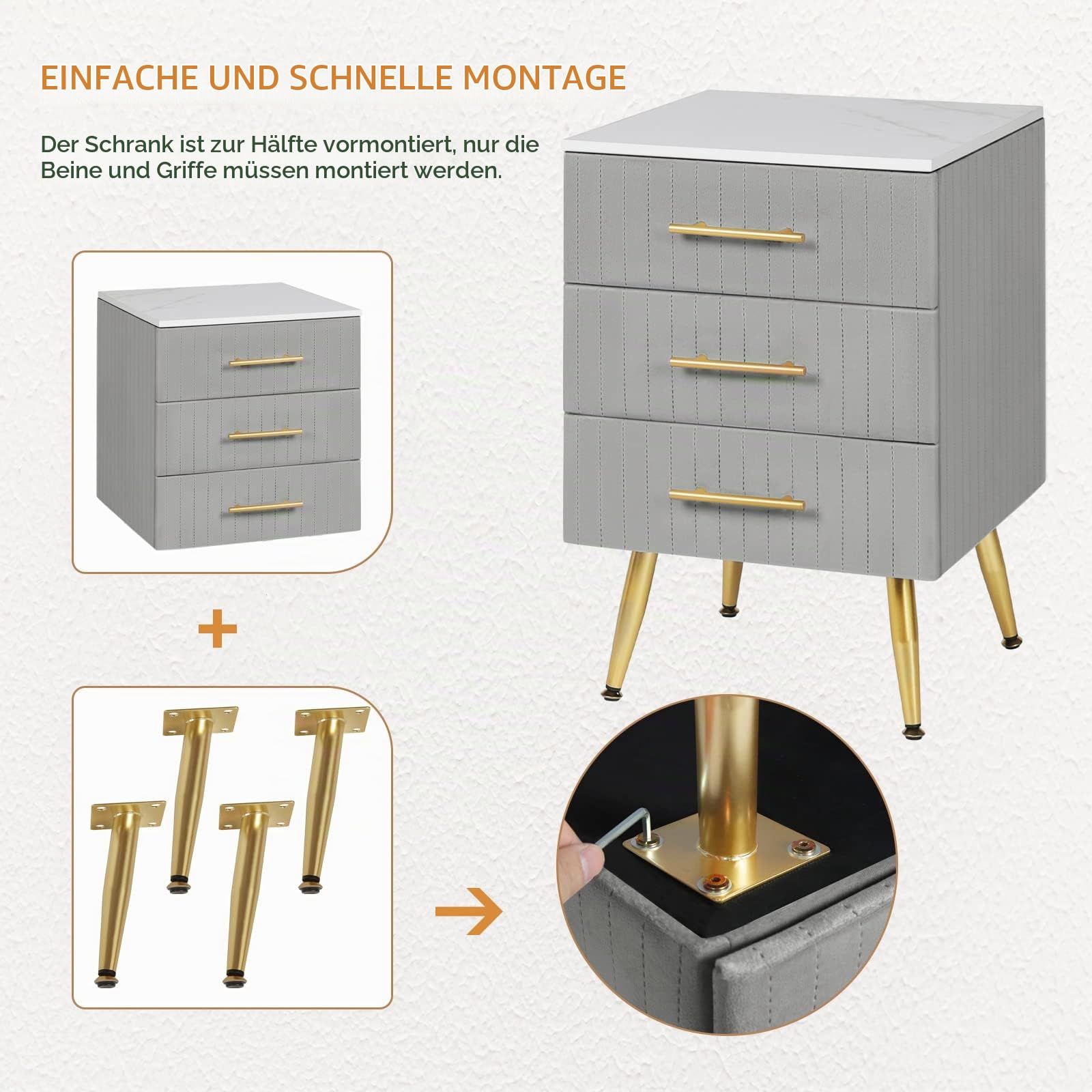 WOLTU Nachttisch Nachtschrank für Boxspringbett, 3 Schubladen aus Massivholz, Kommode mit Schubladen Sideboard, einfache Montage, Höhe Tragfähigkeit, 40,5x41x60cm, Grau TS135gr