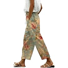 Dark Tone Oil Painting Floral Straight Leg Bohemian Pants Womens Drawstring Waist Summer Beach