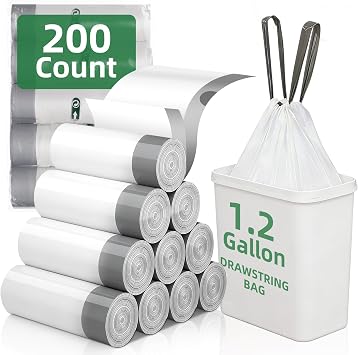 200 Counts 1.2 Gallon Trash Bag Drawstring Small Trash Bags, Thick Pre-separated Garbage Bags, Trash Bin Liners, Suitable for bathroom, kitchen, bedroom, office White