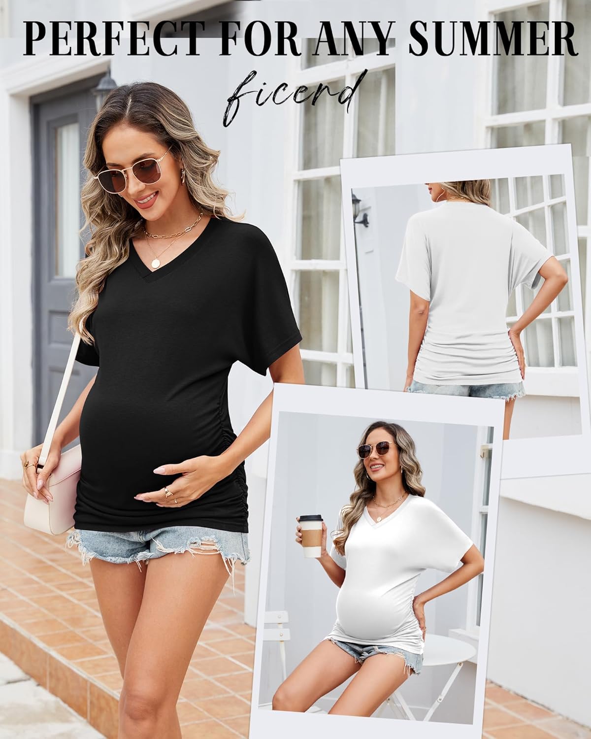 Ficerd 3 Packs Womens Maternity Shirts V Neck Dolman Short Sleeve Loose Side Ruched Tunic Tops Pregnancy Clothes - Image 6