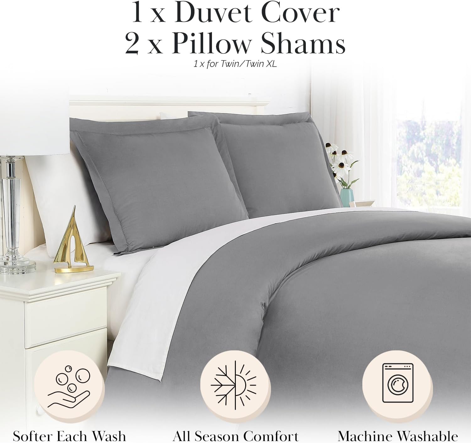 Southshore Fine Living, Inc. Oversized XL/Twin Duvet Cover – Lightweight, Stain-Resistant, Includes Matching Pillow Sham, Wrinkle-Free, Machine Washable, Steel Grey