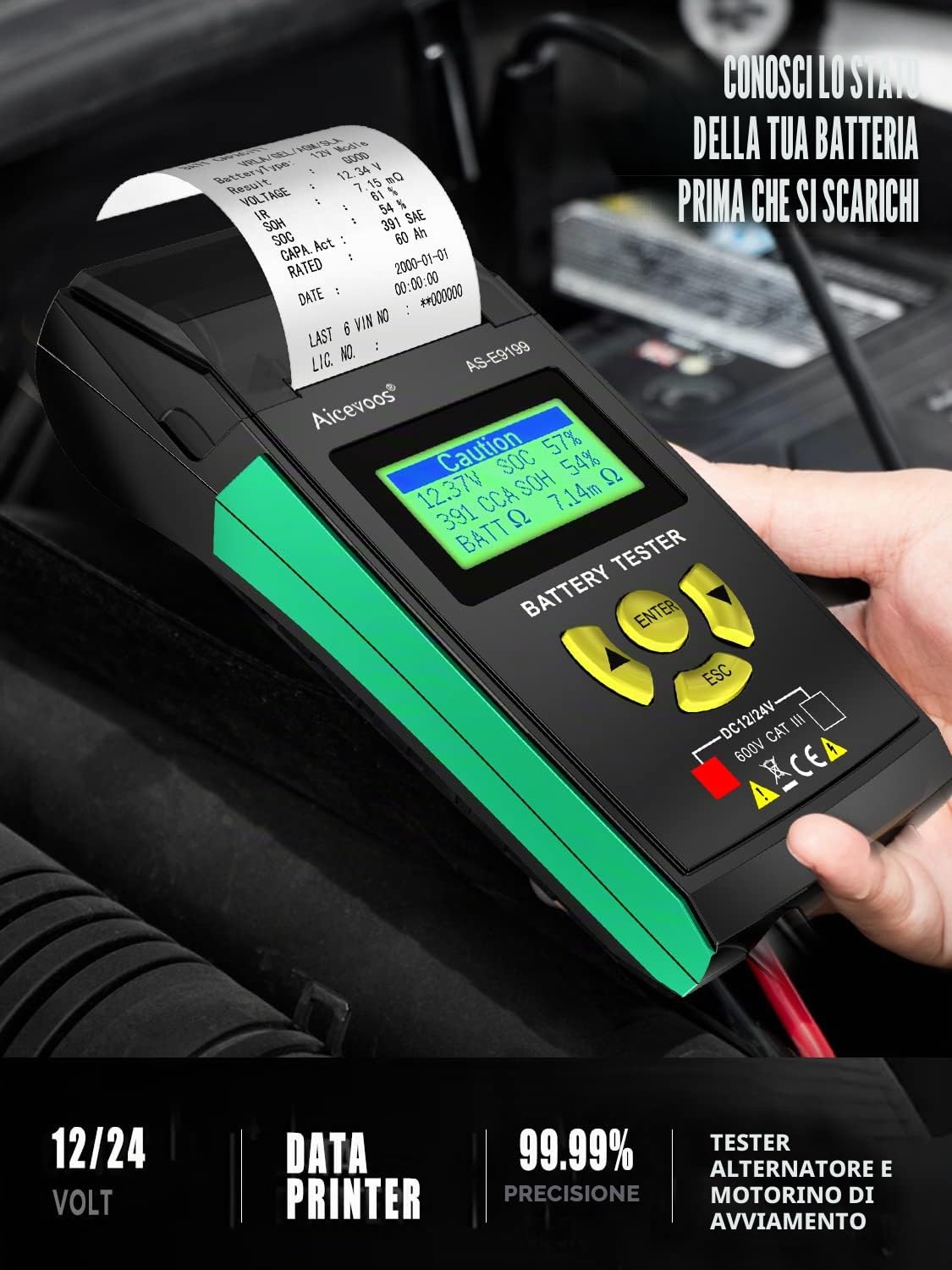 Tester Batteria Auto 12V 24V con Stampante Incorporata, Tester Alternatore 100-2000CCA, Tester Batteria Automotive Tester Carico Batteria Tester Analizzatore Batteria