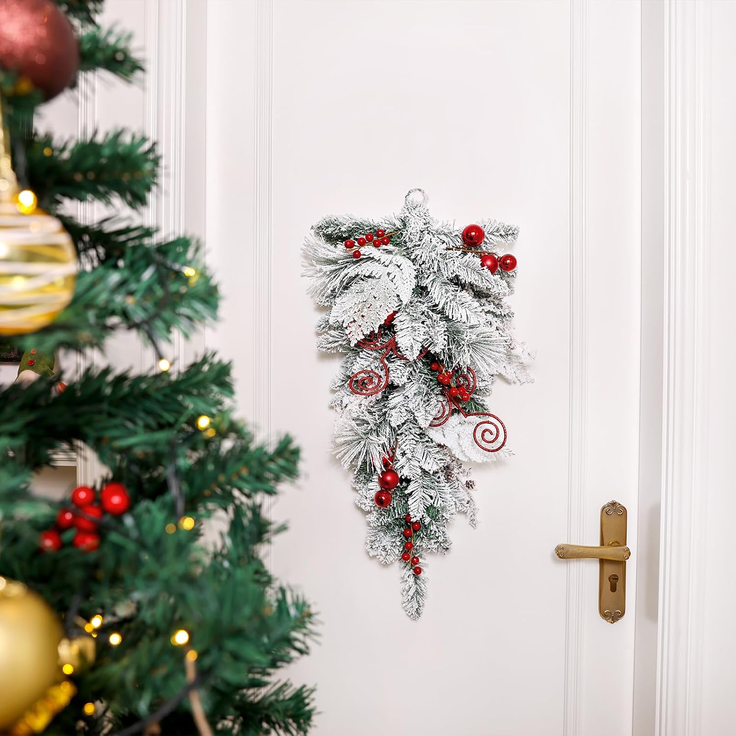 SHACOS 30" Flocked Christmas Teardrop Swag Artificial Snow Pine Spruce Cedar Decorative Swag Red Berries Christmas Balls Pine Cones for Front Door Window Wall Stairs Xmas Decor