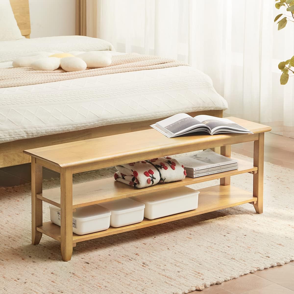 ITSRG Storage Bench Wooden Shoe Bench Rustic Solid Wood Entryway Bench 2-Tier Shoe Rack Holds Up to 550 lb (Natural,47.2")