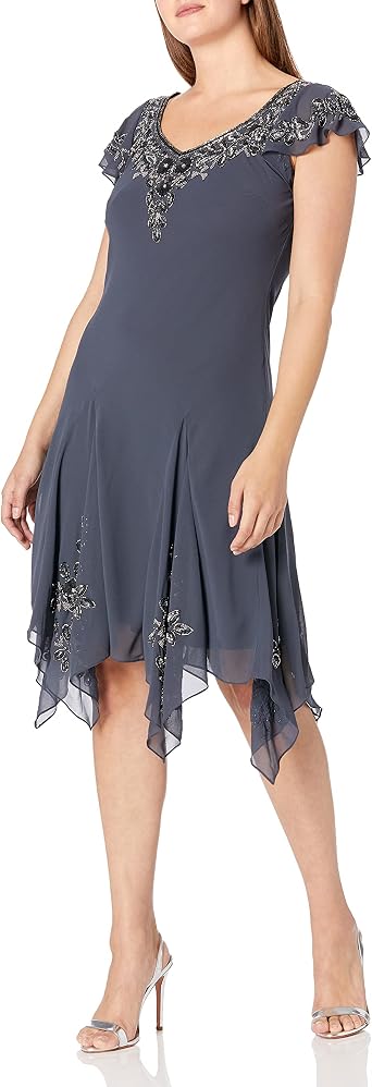 J Kara Womens Petite Flutter Sleeve Short Hanky Hem Cocktail Dress