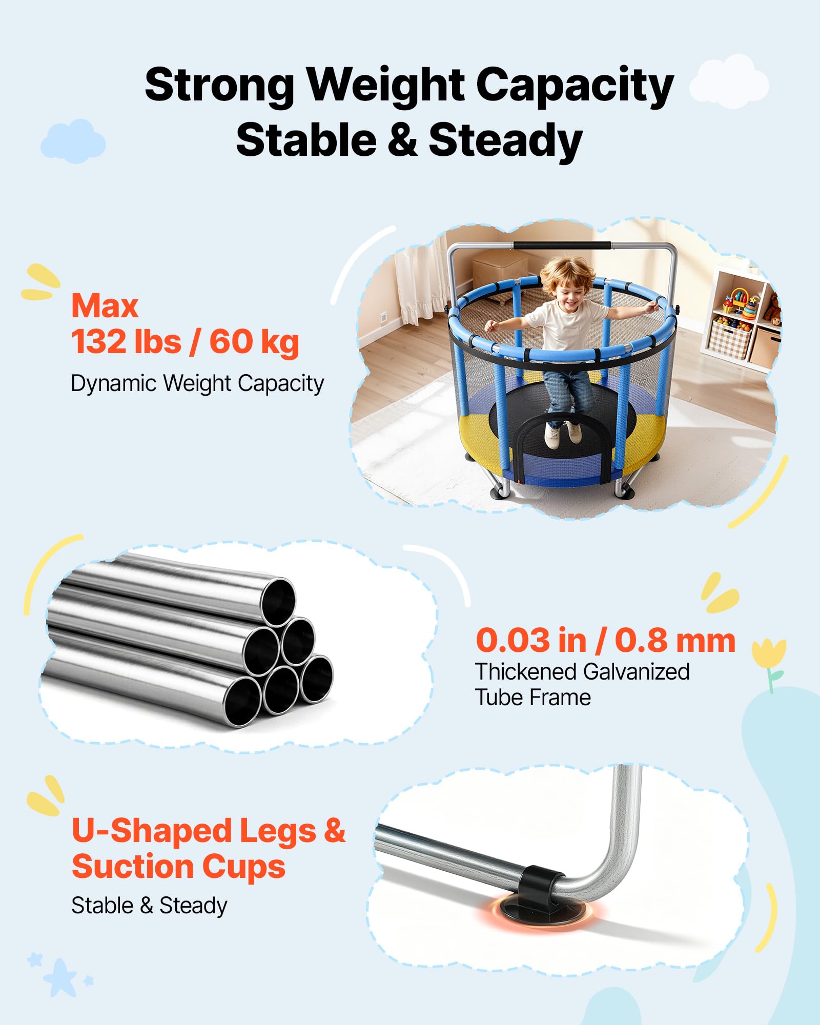 VEVOR Trampolino Elastico per Bambini Carico 60kg con Rete di Protezione, Mini Trampolino Tappeto Elastico Integrato in PVC per Rimbalzo Manubrio a 3 Livelli Rete di Protezione per Bambini 3-12 Anni